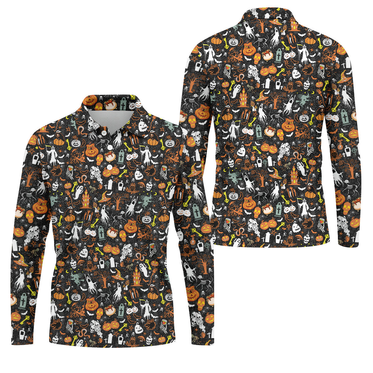 Trick or Treat Spooky Ghost Pumpkin Men's Golf Shirt, Halloween Golf Shirt, Fun Golf Shirts For Mens