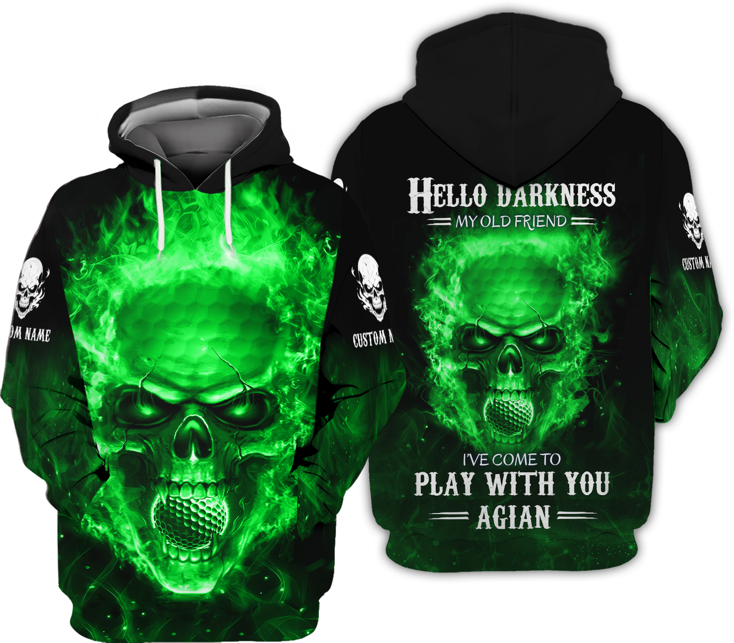 Hello Darkness My Old Green Blue Flame Skull Golf Polo Shirt, Golf Apparel, Golf Gift For Men