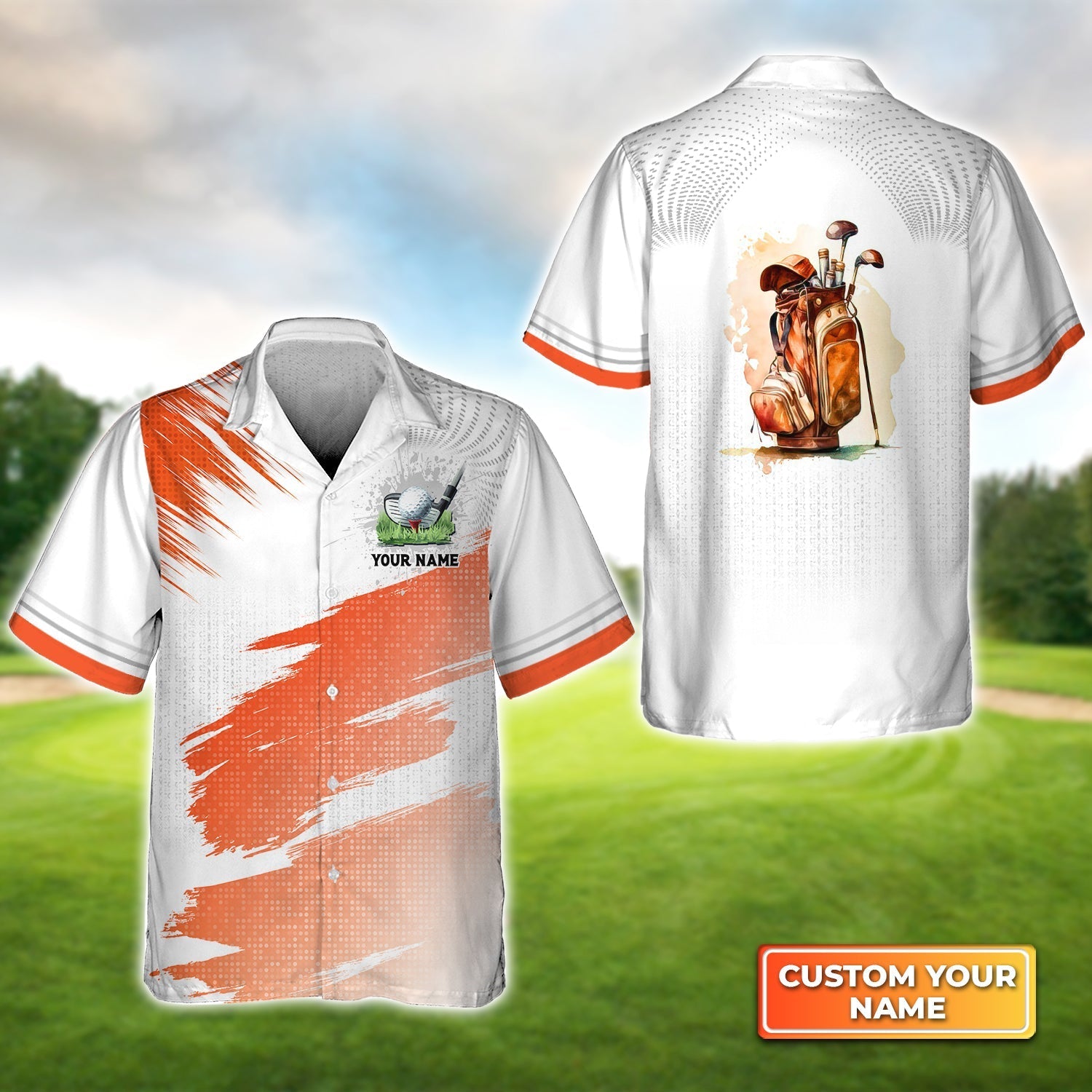 Orange Pattern Vintage Golf Bag - Personalized Name 3D Hawaiian Shirt Gift For Golfer