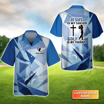 Blue Pattern Jesus Is My Savior Golf Is My Therapy - Personalized Name 3D Hawaiian Shirt Gift For Golfer