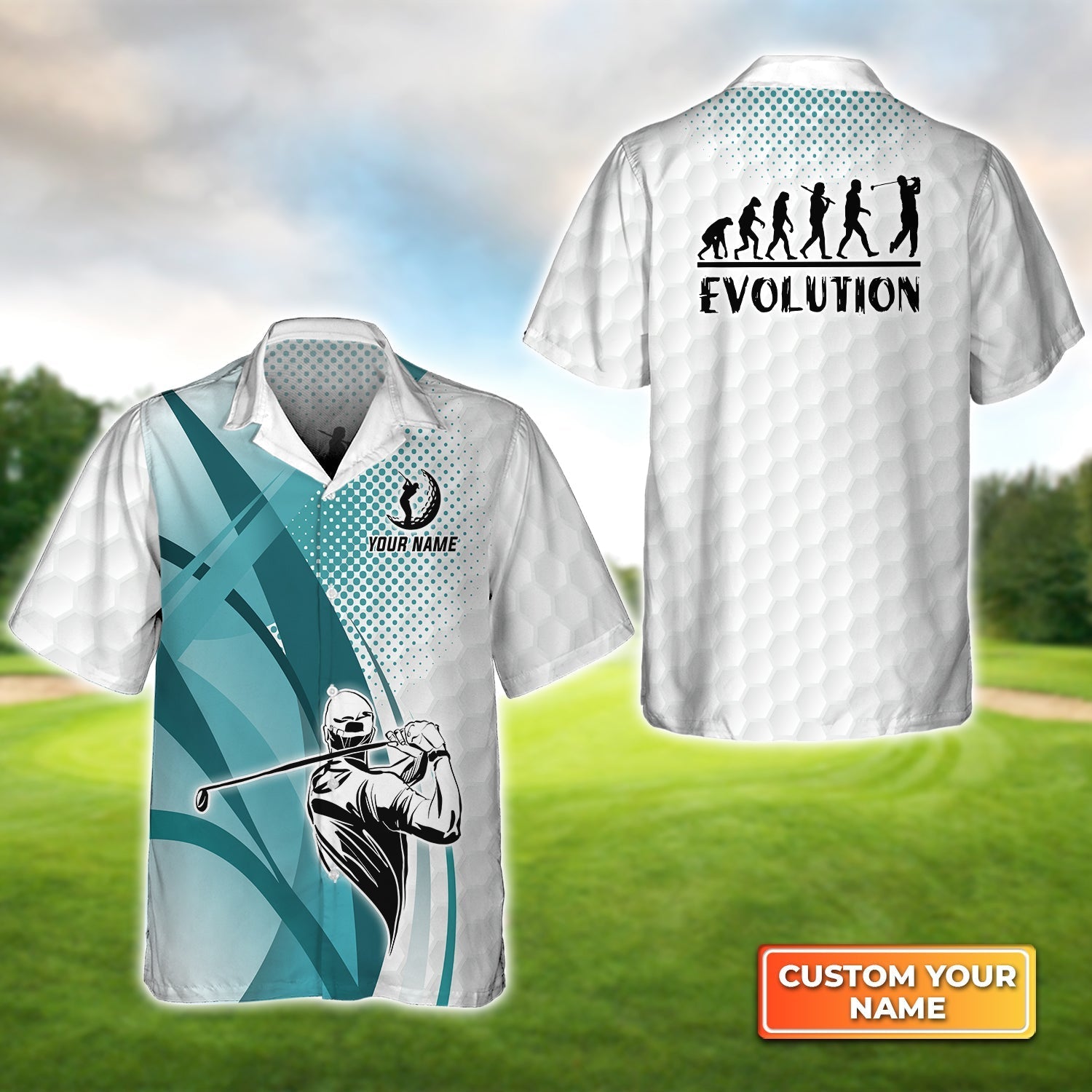 Golfing Evolution Blue Pattern Personalized Name 3D Hawaiian Shirt Gift For Golfer