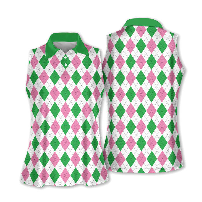 Argyle Pink Sleeveless Womens Golf Shirts, Womens Golf Polo Shirts, Ladies Golf Tops, Cute Womens Golf Clothes