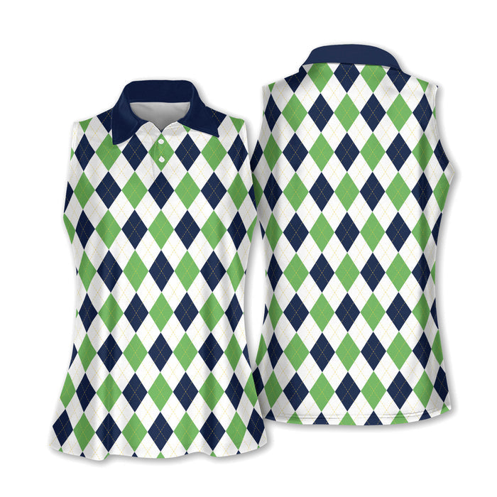 Green And Black Argyle Sleeveless Womens Golf Shirts, Ladies Pink Golf Shirt, Womens Golf Polo Shirts, Womens Golf Tops