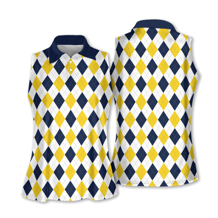 Black And Yellow Argyle Sleeveless Womens Golf Shirts, Ladies Pink Golf Shirt, Womens Golf Polo Shirts, Womens Golf Tops