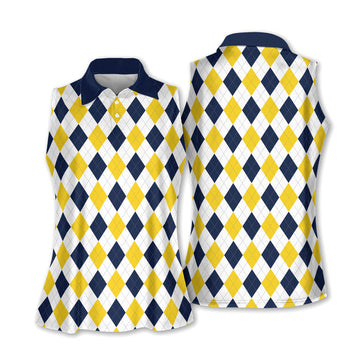 Black And Yellow Argyle Sleeveless Womens Golf Shirts, Ladies Pink Golf Shirt, Womens Golf Polo Shirts, Womens Golf Tops