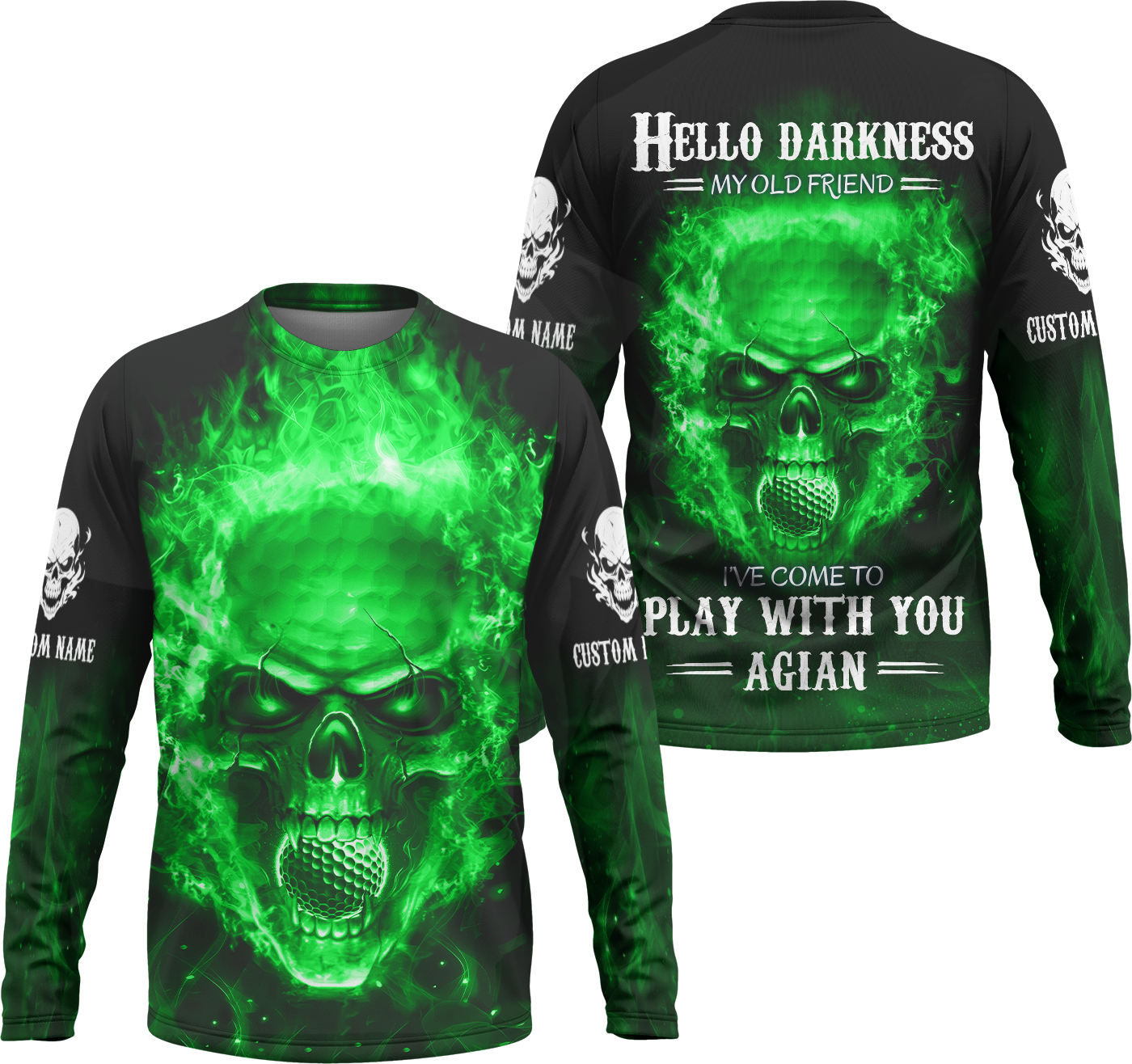 Hello Darkness My Old Green Blue Flame Skull Golf Polo Shirt, Golf Apparel, Golf Gift For Men