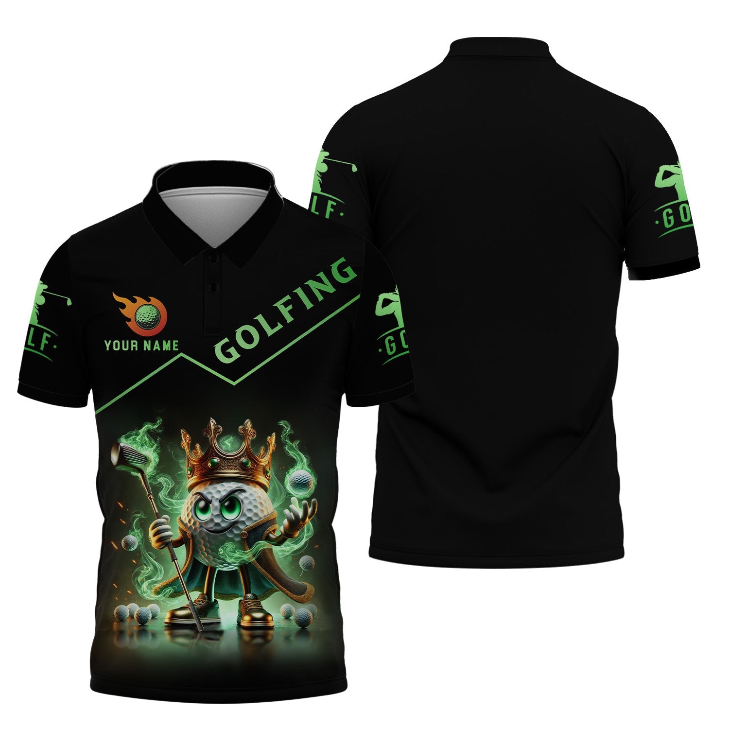 Golf King Green Fire, Custom Name Men's Golf Polo Shirt, Funny Golf Polo Shirt, Gift For Golfers