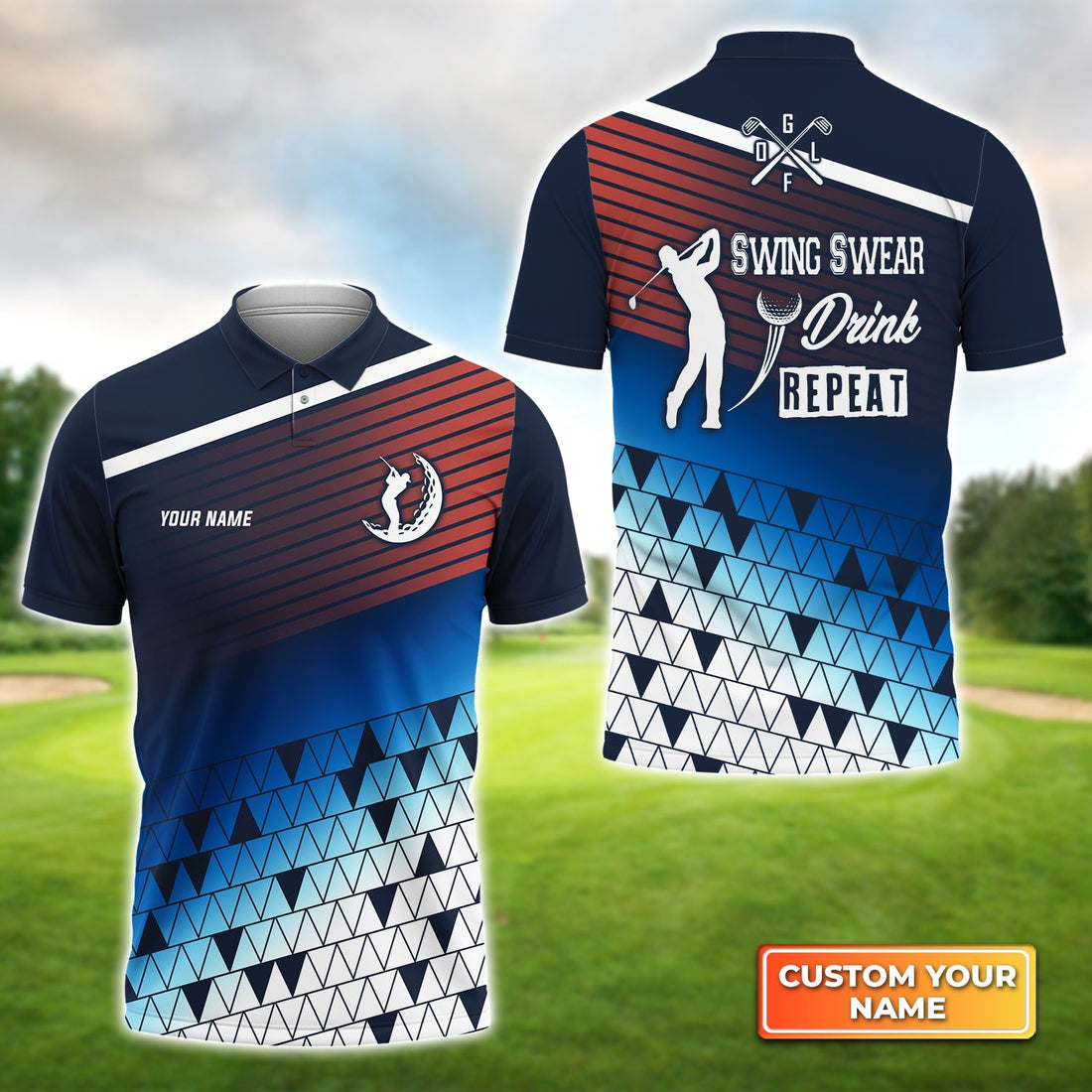 Golfing Swing Swear Drink Repeat - Personalized Name 3D Polo Shirt Gift For Golfers