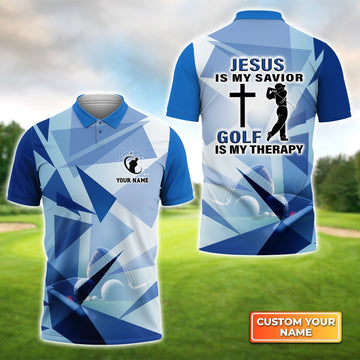 Blue Pattern Jesus Is My Savior Golf Is My Therapy - Personalized Name 3D Polo Shirt Gift For Golfers