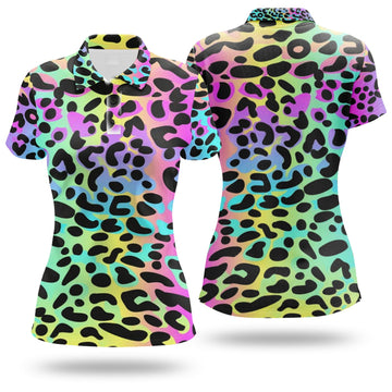 Rainbow Leopard Print Womens Golf Polo Shirt, Golfing Apparel, Womens Golf Gifts