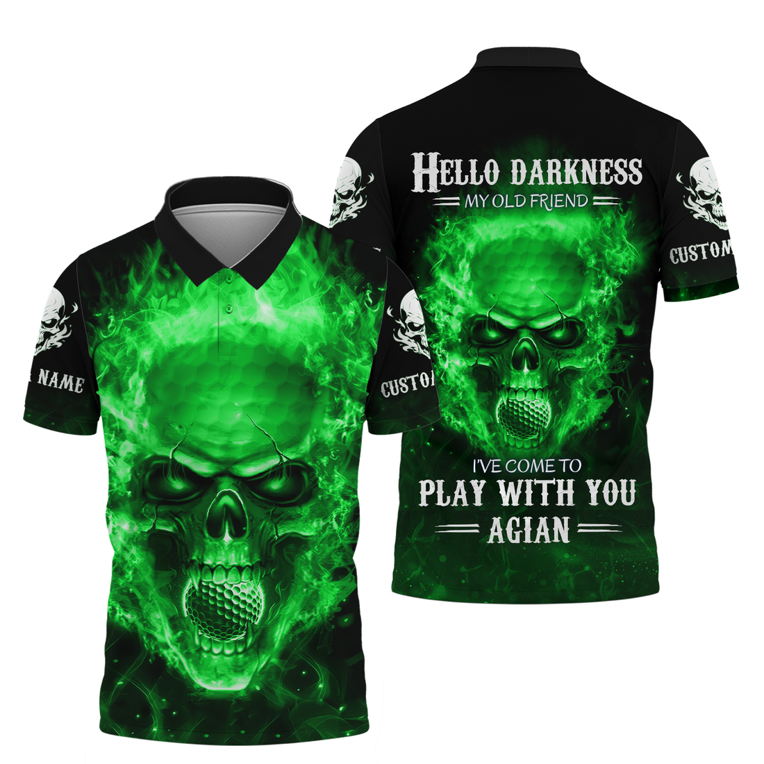 Hello Darkness My Old Green Blue Flame Skull Golf Polo Shirt, Golf Apparel, Golf Gift For Men