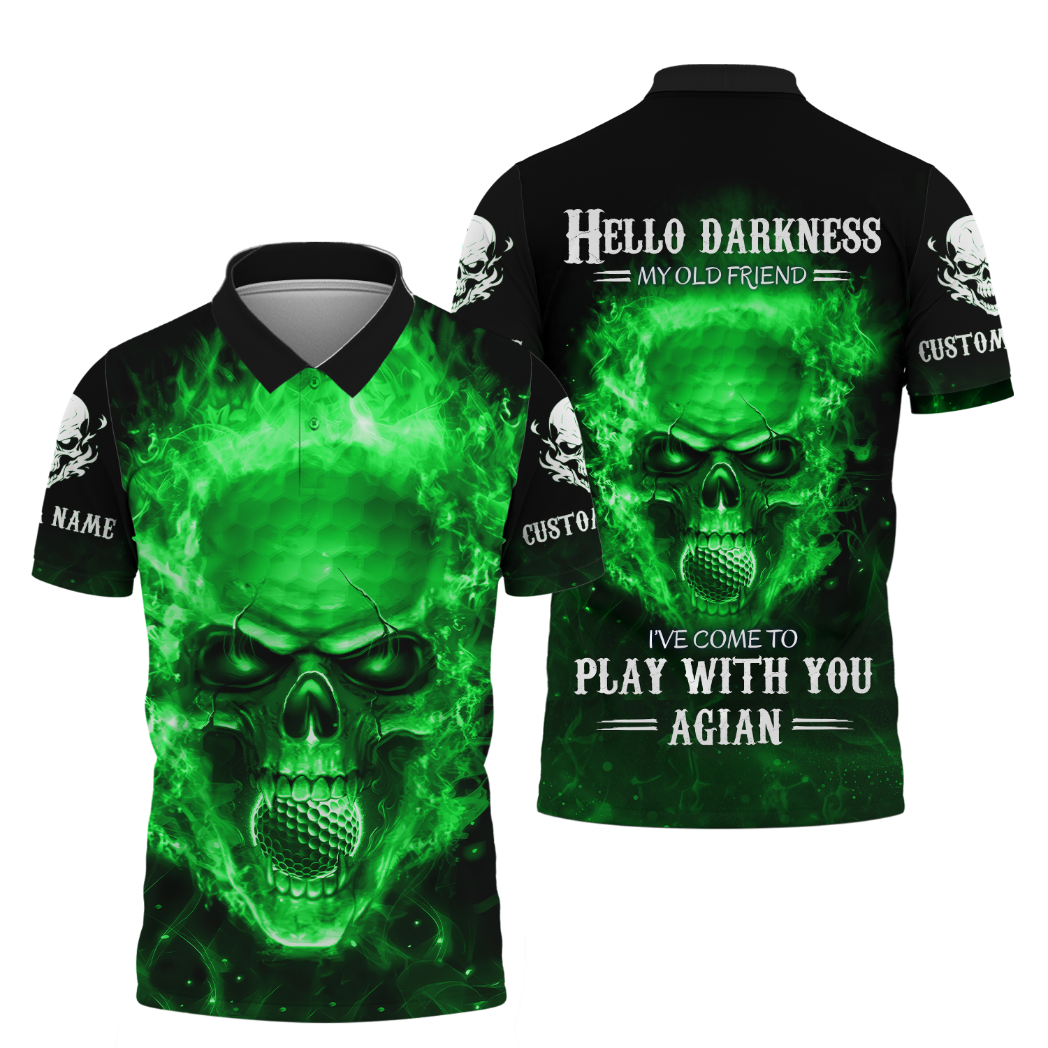 Hello Darkness My Old Green Blue Flame Skull Golf Polo Shirt, Golf Apparel, Golf Gift For Men