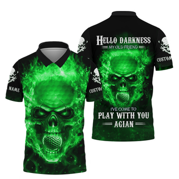 Hello Darkness My Old Green Blue Flame Skull Golf Polo Shirt, Golf Apparel, Golf Gift For Men