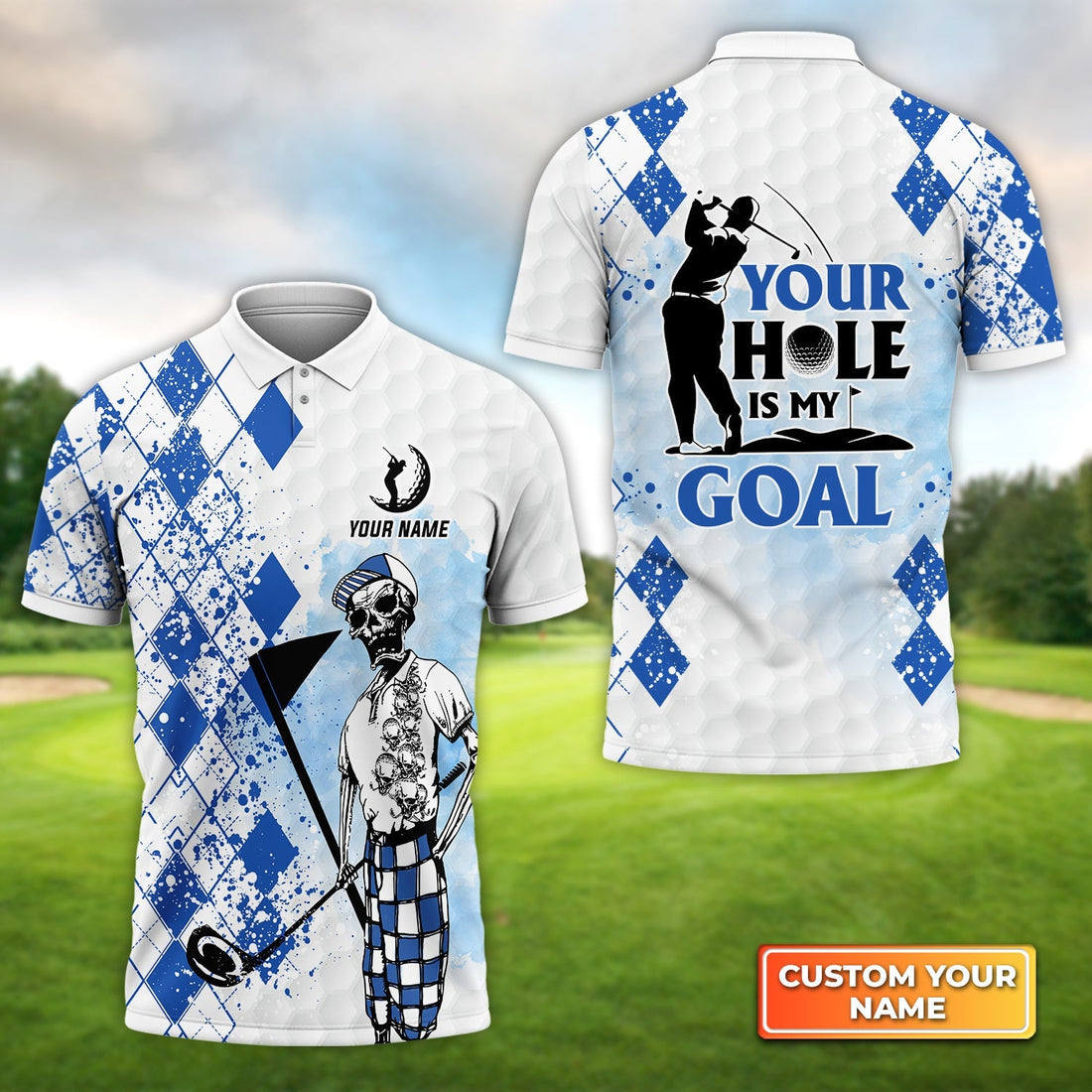 Golf Skull Blue Pattern Your Hole Is My Goal - Personalized Name 3D Polo Shirt Gift For Golfers