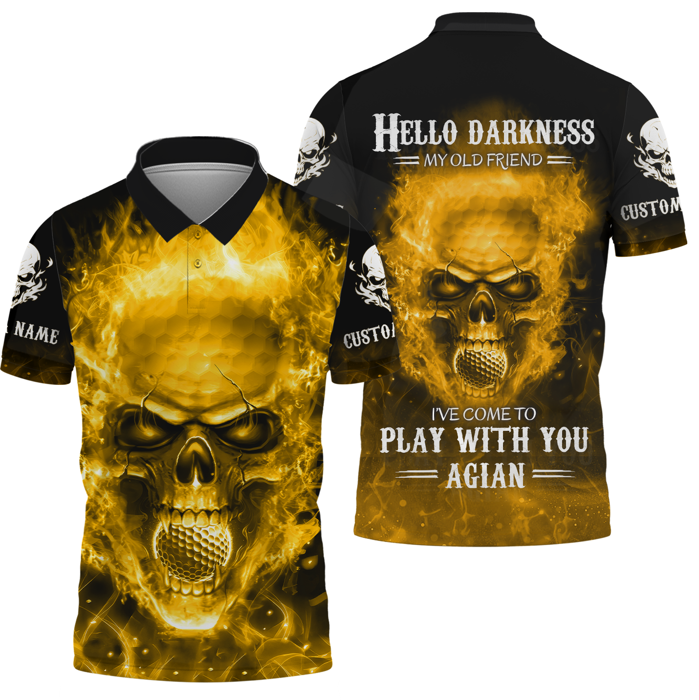Hello Darkness My Old Fire Skull Golf Polo Shirt, Golf Apparel, Golf Gift For Men