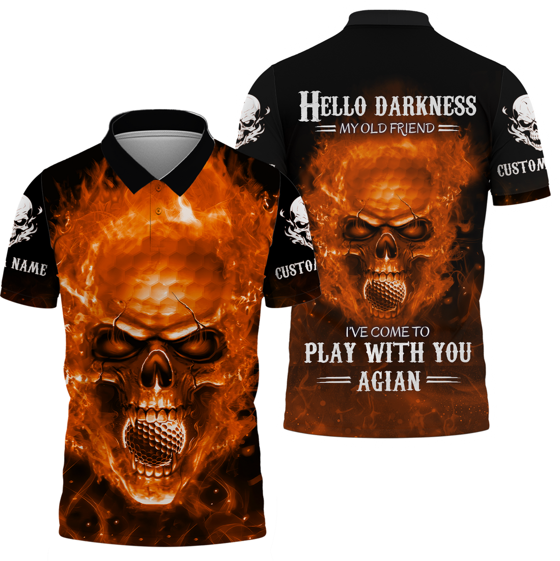 Hello Darkness My Old Flaming Skull Golf Polo Shirt, Golf Apparel, Golf Gift For Men