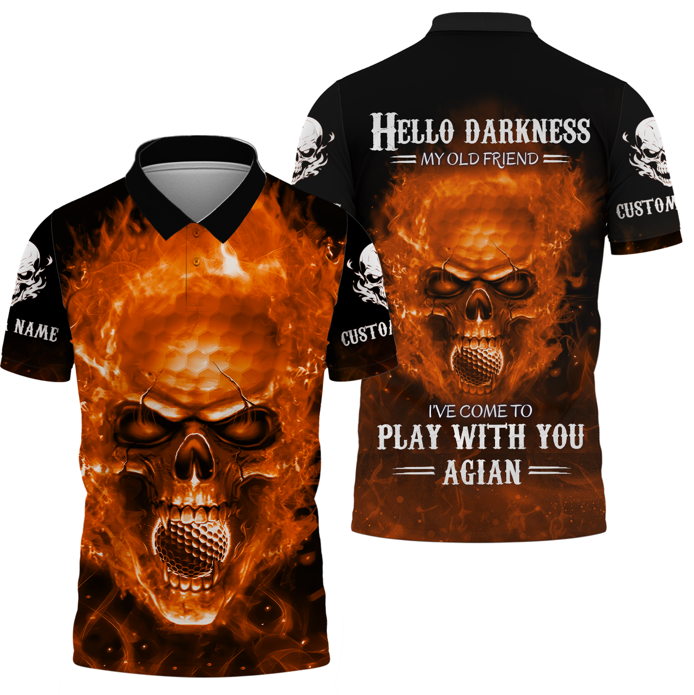 Hello Darkness My Old Flaming Skull Golf Polo Shirt, Golf Apparel, Golf Gift For Men