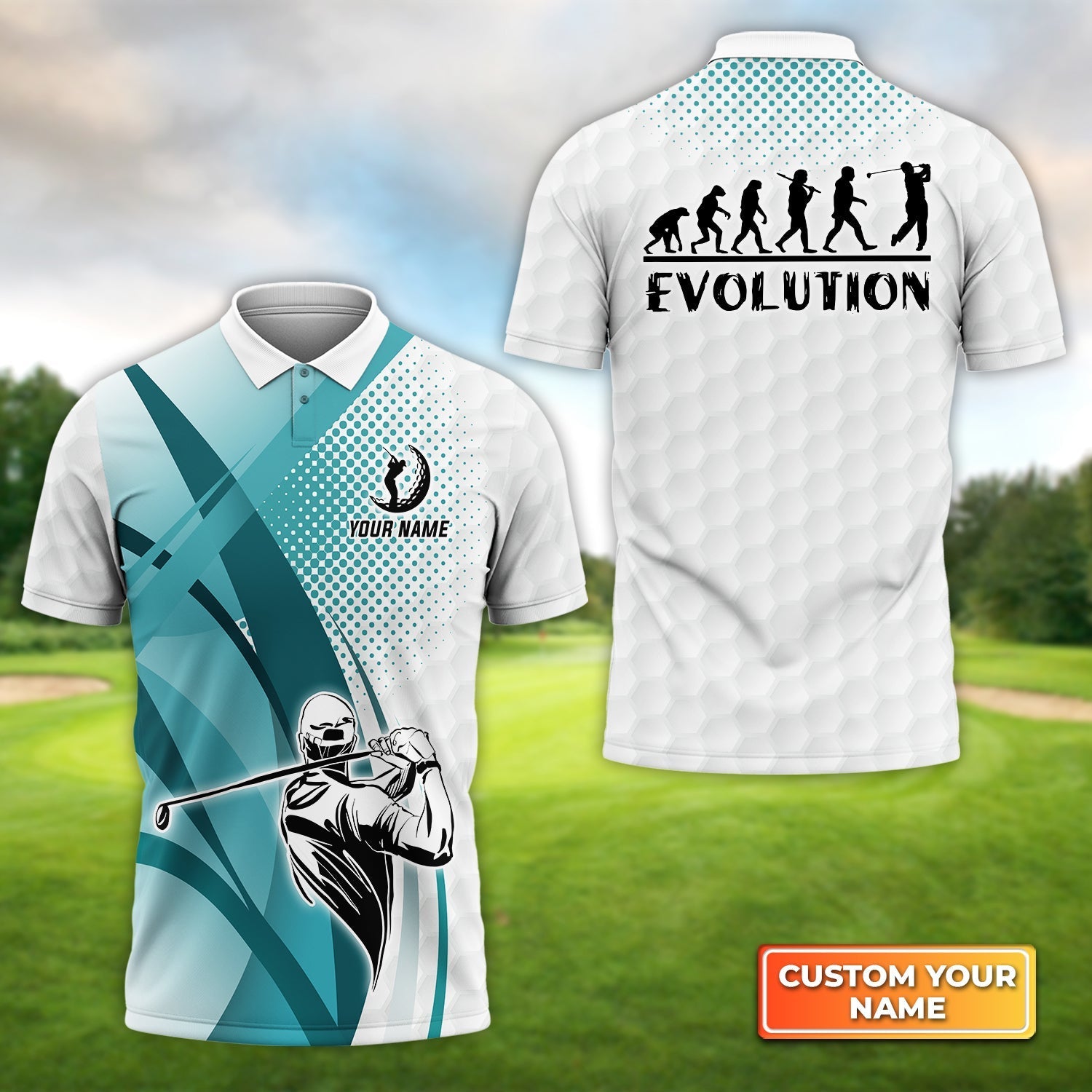 Golfing Evolution Blue Pattern - Personalized Name 3D Polo Shirt Gift For Golfers