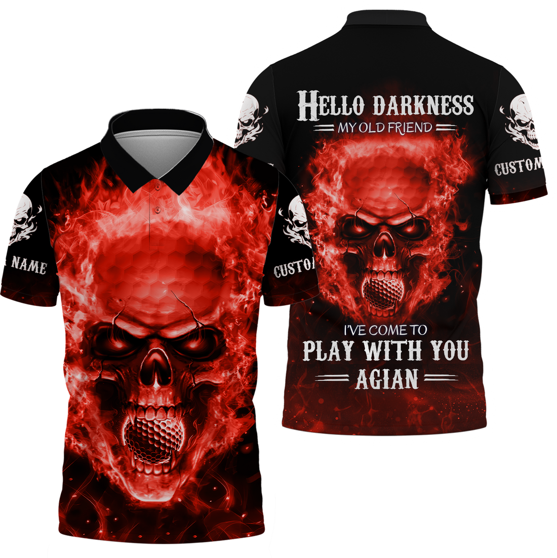 Hello Darkness My Old Flaming Fire Skull Golf Polo Shirt, Golf Apparel, Golf Gift For Men