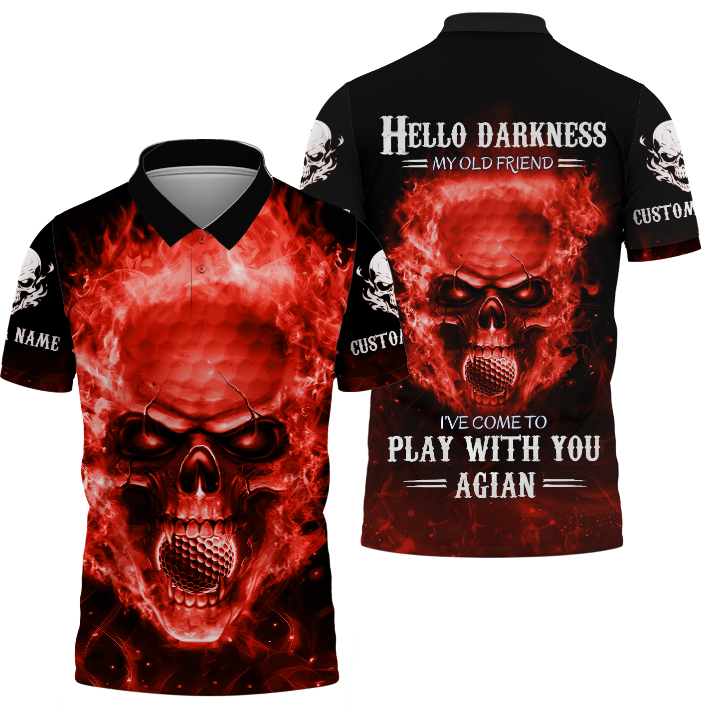 Hello Darkness My Old Flaming Fire Skull Golf Polo Shirt, Golf Apparel, Golf Gift For Men