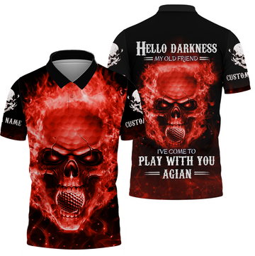 Hello Darkness My Old Flaming Fire Skull Golf Polo Shirt, Golf Apparel, Golf Gift For Men
