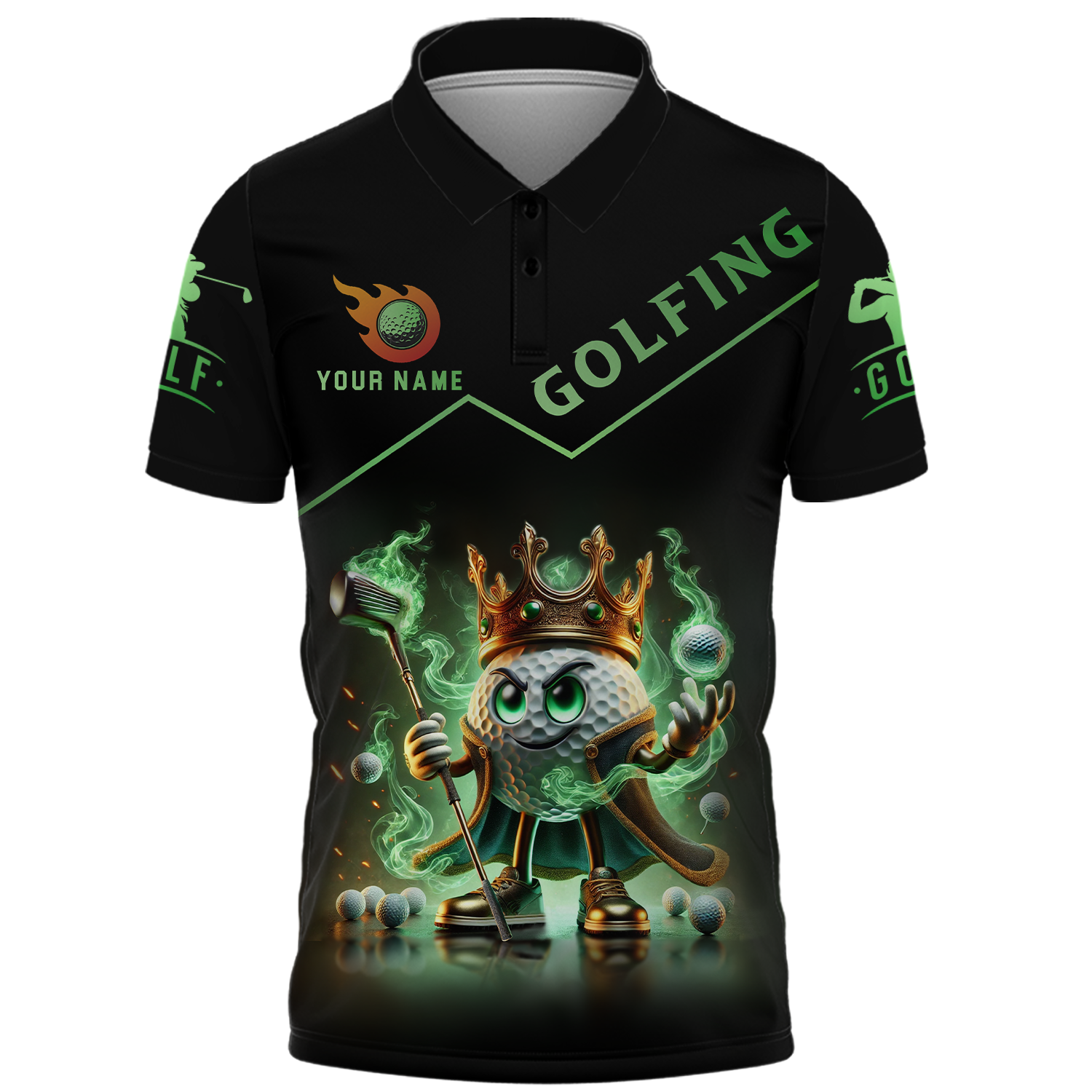Golf King Green Fire, Custom Name Men's Golf Polo Shirt, Funny Golf Polo Shirt, Gift For Golfers