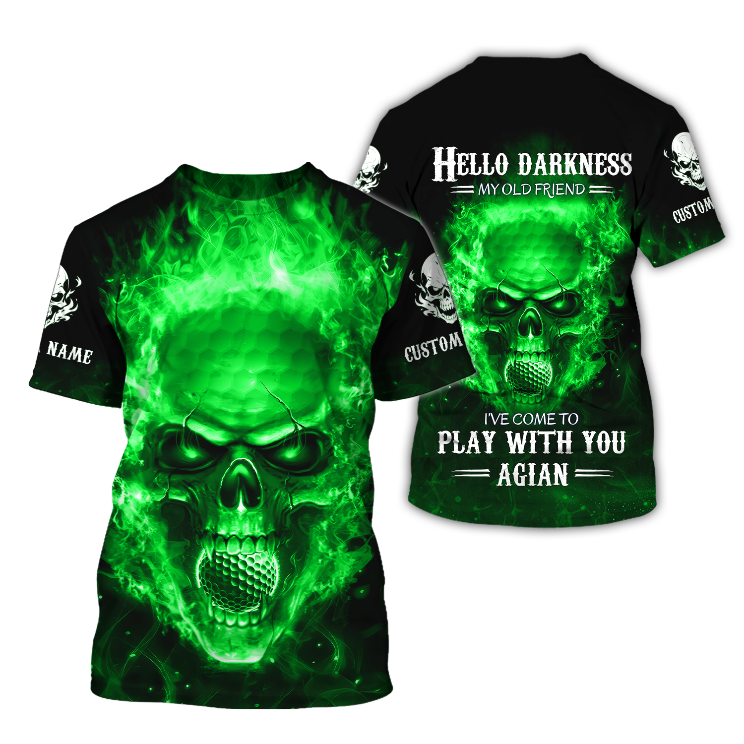 Hello Darkness My Old Green Blue Flame Skull Golf Polo Shirt, Golf Apparel, Golf Gift For Men