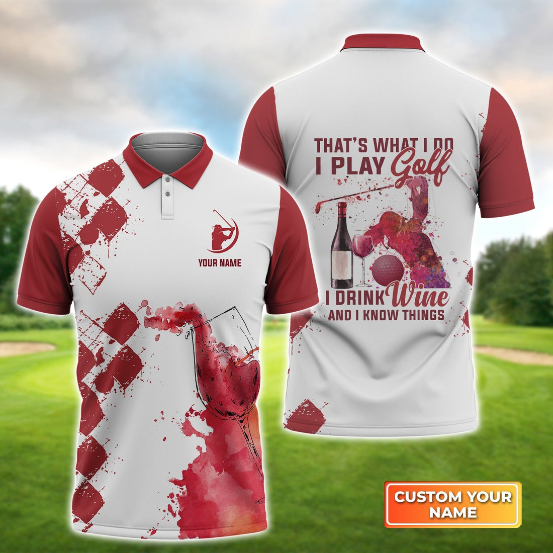 Play Golf Drink Wine Know Things Argyle Burgundy Watercolor - Personalized Name 3D Polo Shirt Gift For Golfers