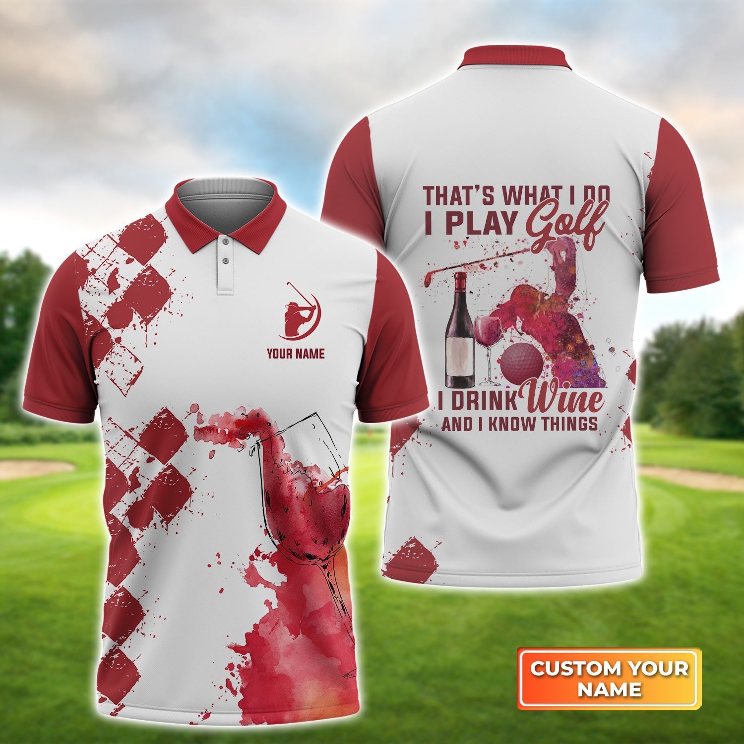 Play Golf Drink Wine Know Things Argyle Burgundy Watercolor - Personalized Name 3D Polo Shirt Gift For Golfers