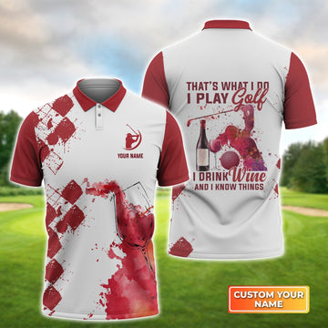 Play Golf Drink Wine Know Things Argyle Burgundy Watercolor - Personalized Name 3D Polo Shirt Gift For Golfers