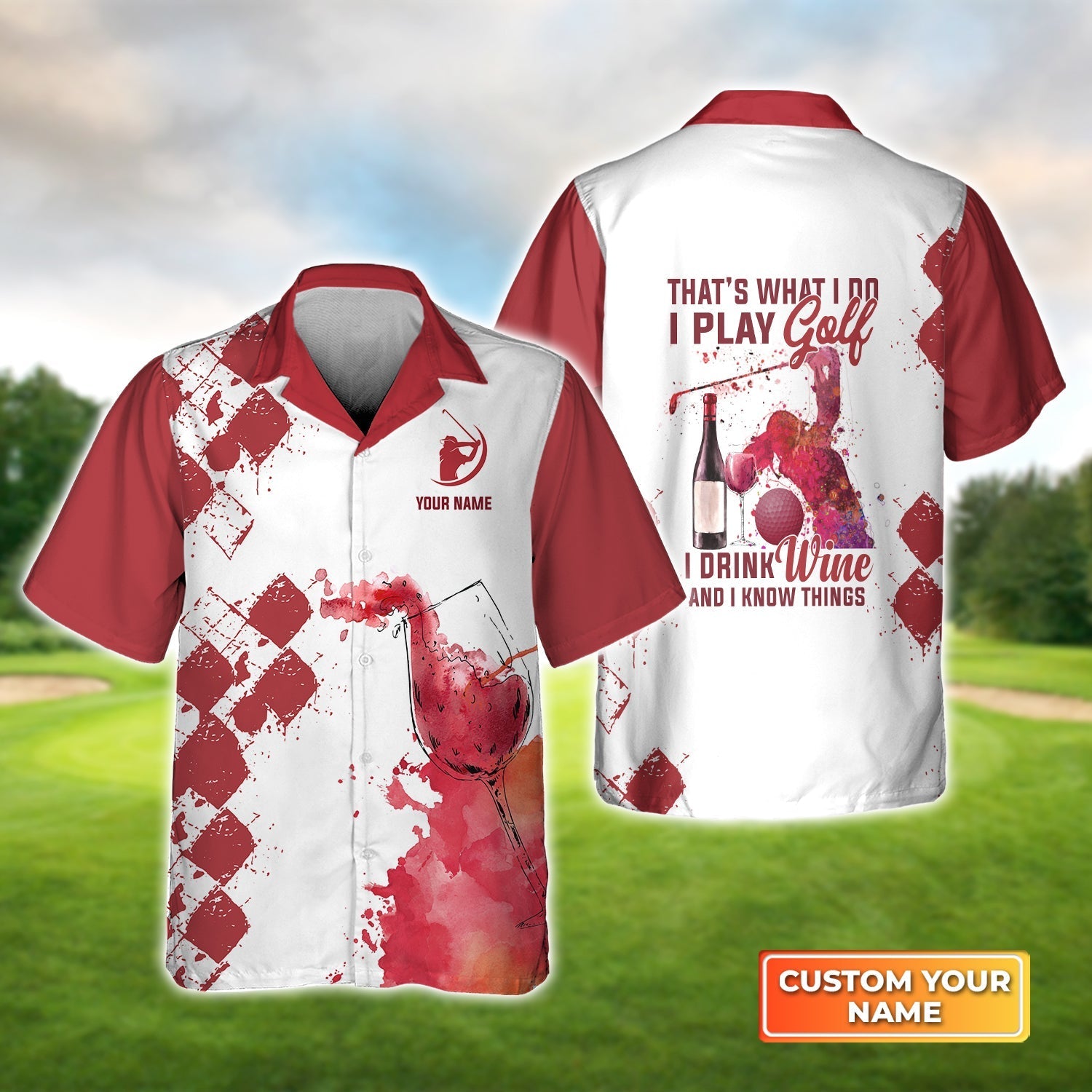 Play Golf Drink Wine Know Things Argyle Burgundy Watercolor - Personalized Name 3D Hawaiian Shirt Gift For Golfer