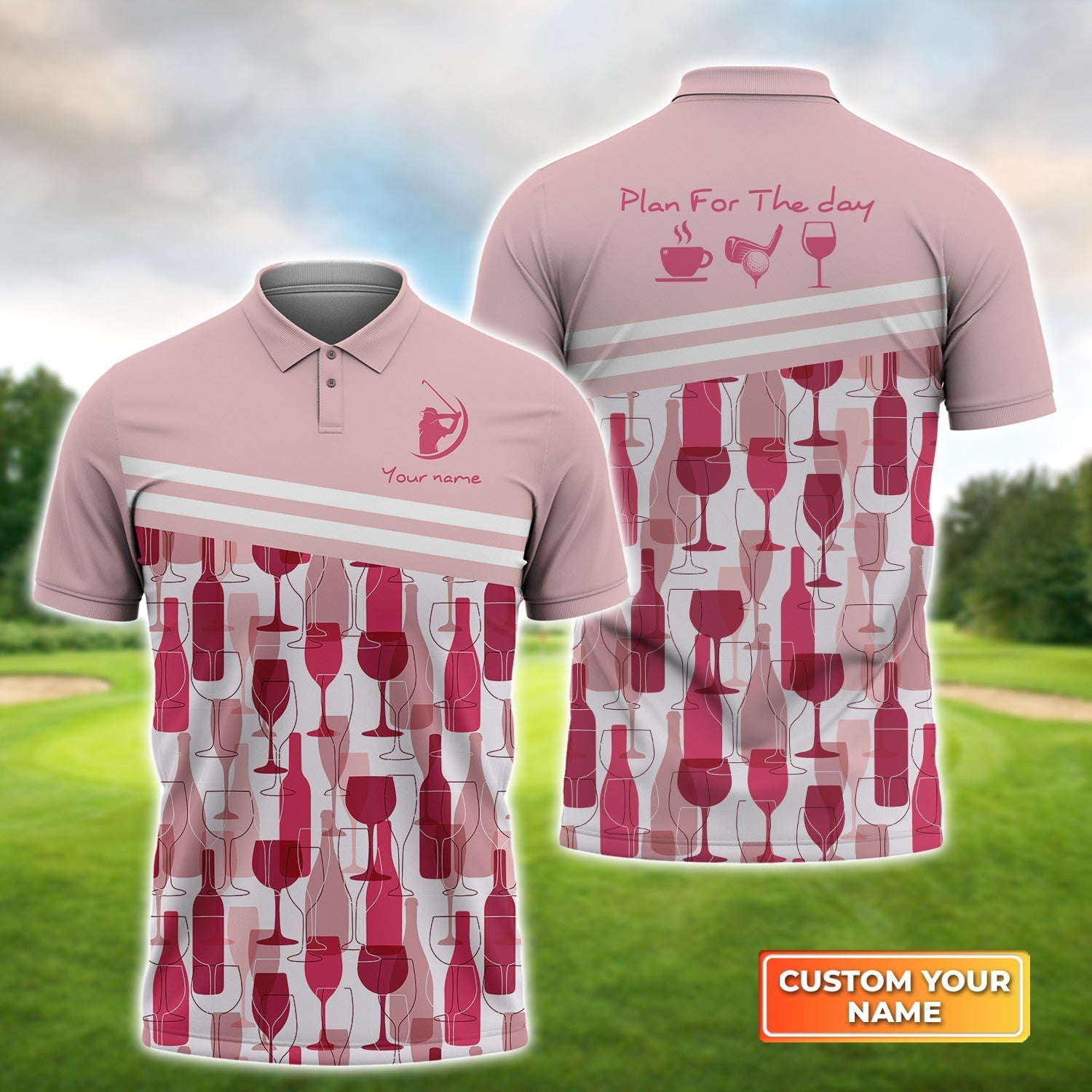Plan For The Day Coffee Golf Wine Seamless Pattern - Personalized Name 3D Polo Shirt Gift For Golfers