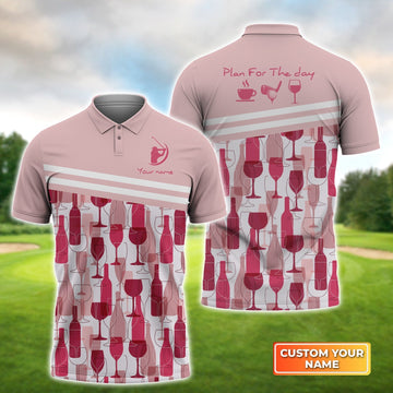 Plan For The Day Coffee Golf Wine Seamless Pattern - Personalized Name 3D Polo Shirt Gift For Golfers