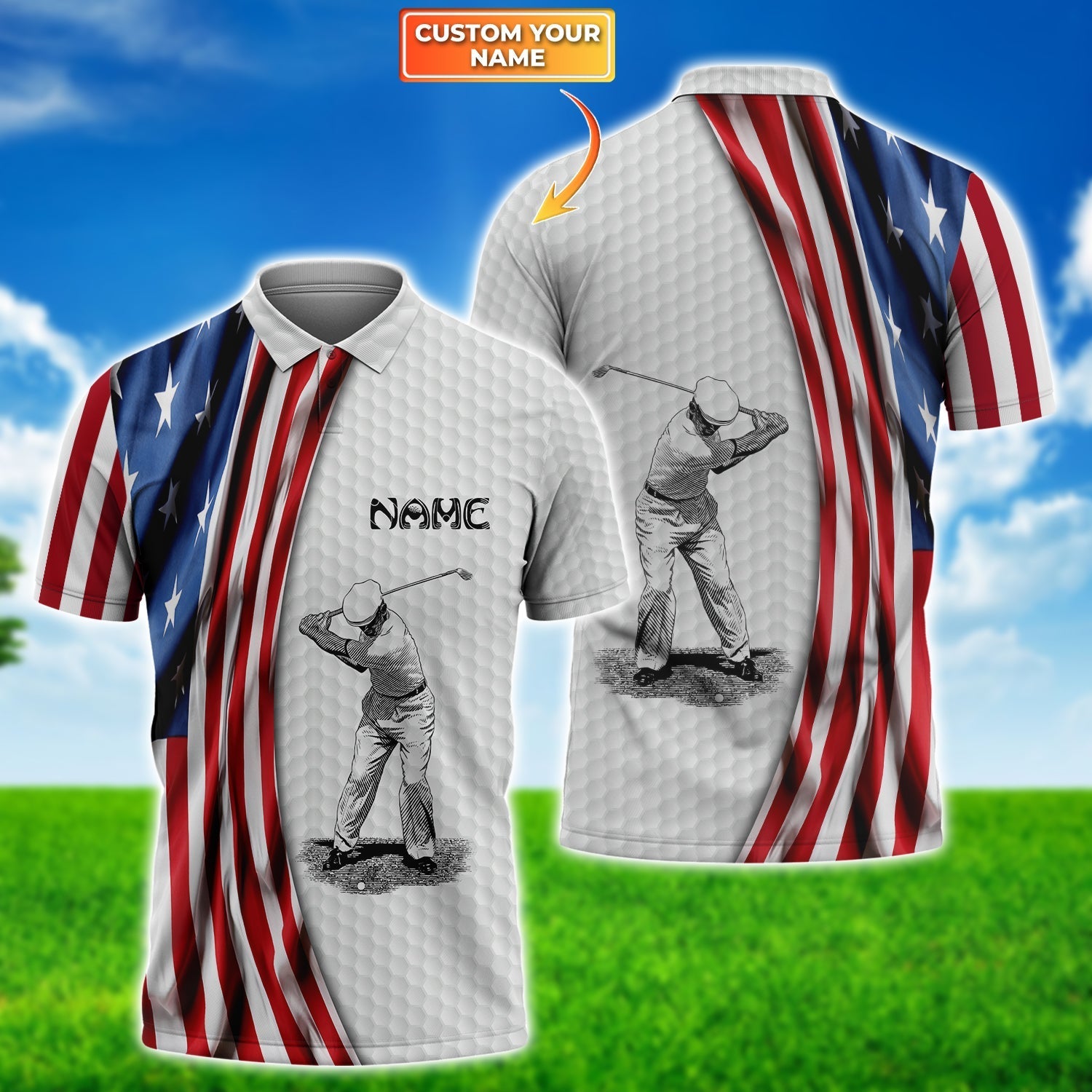 America Flag Swing Golf Men's Golf Polo Shirt, Golfing Apparel, Mens Golf Gift, Funny Golf Shirt