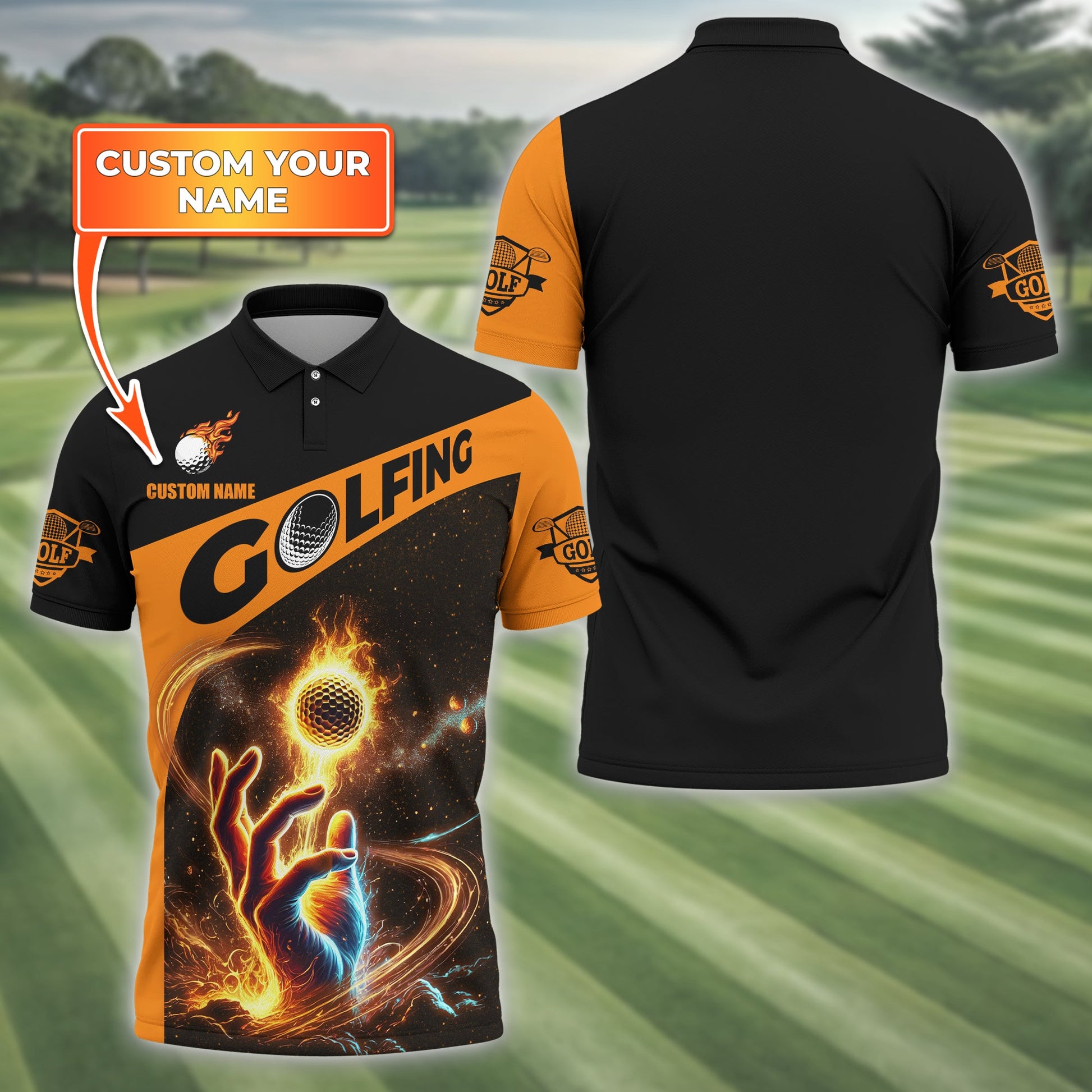 Fire Golf Ball Custom Men's Golf Polo Shirt, Golfing Apparel, Mens Golf Gift, Funny Golf Polo Shirts