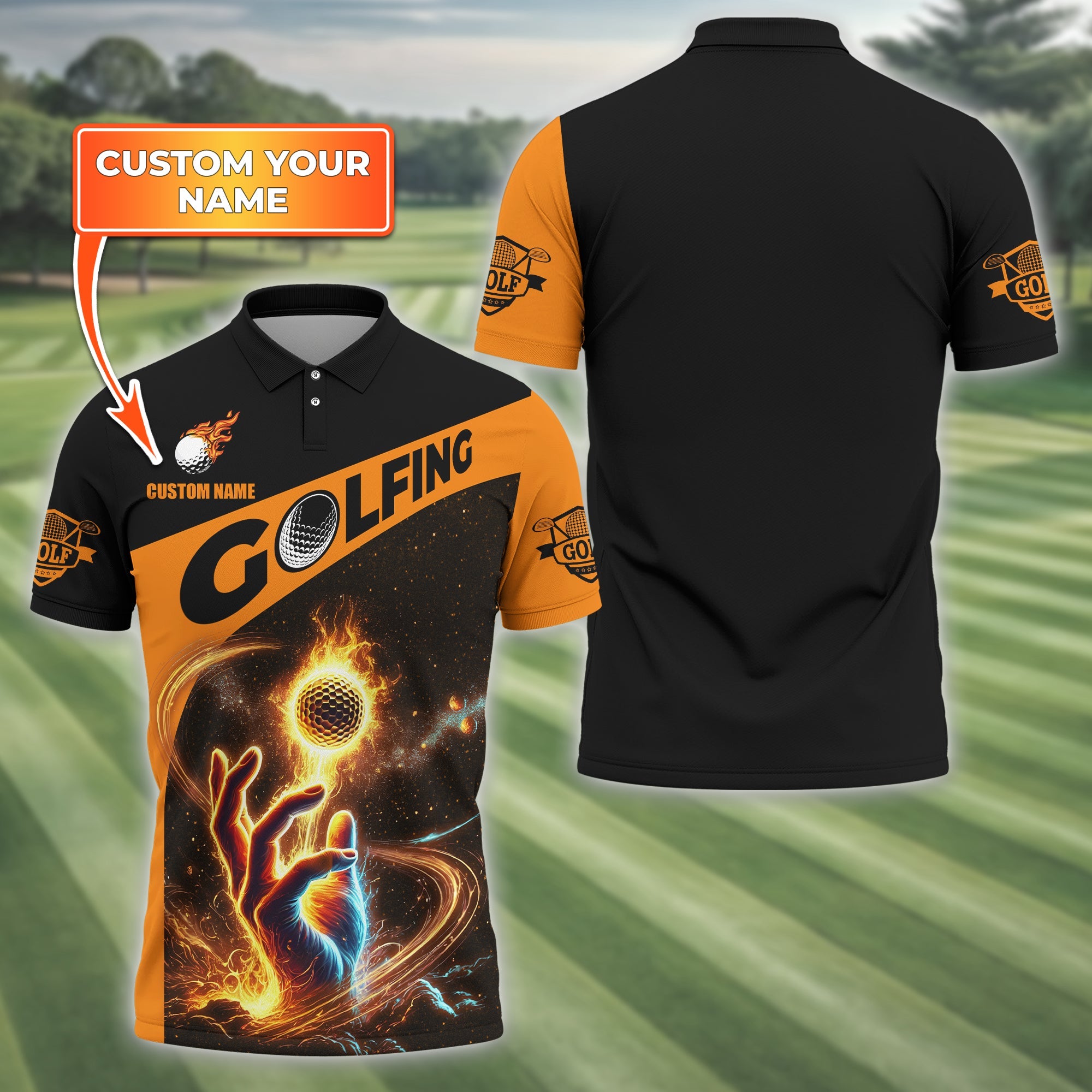 Fire Golf Ball Custom Men's Golf Polo Shirt, Golfing Apparel, Mens Golf Gift, Funny Golf Polo Shirts