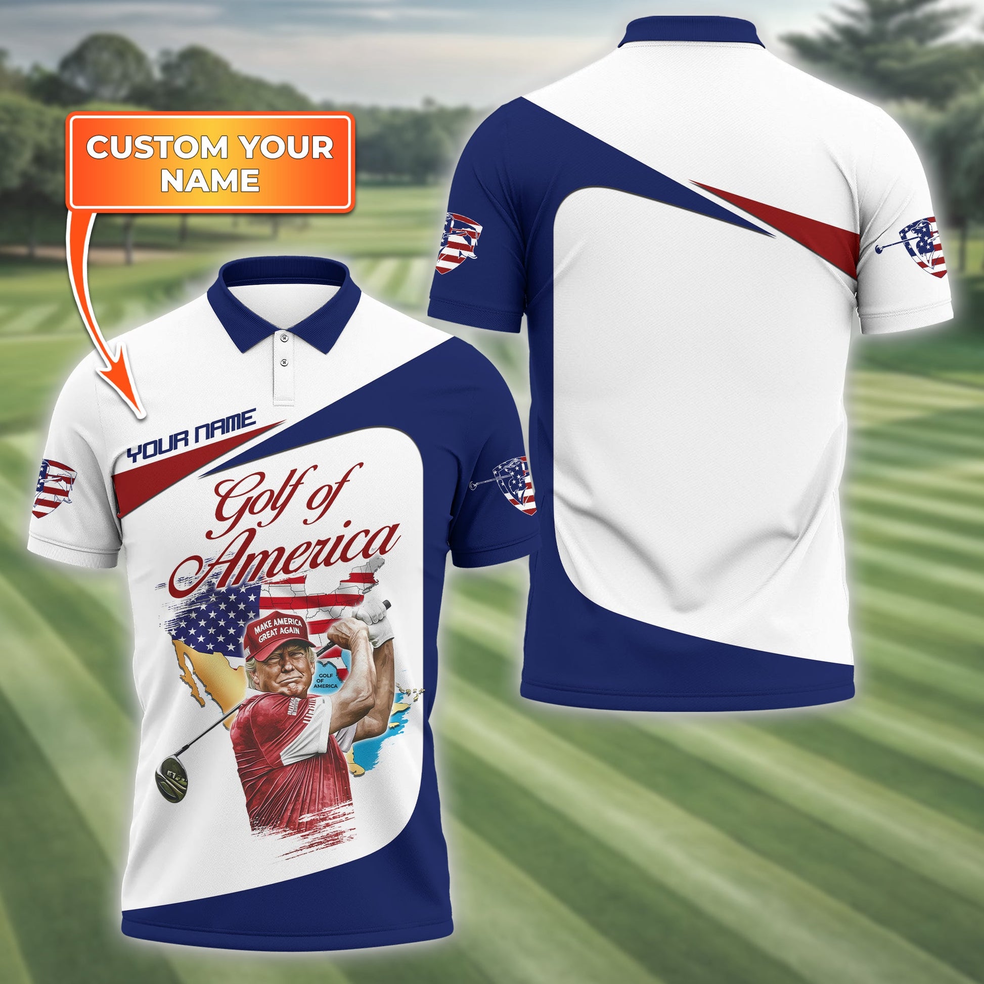 Trump Golf Of America Custom Men's Golf Polo Shirt, US Patriotic Pride Men's Golf Polo Shirt, Patriotic Golf Shirt, USA Golf Shirt