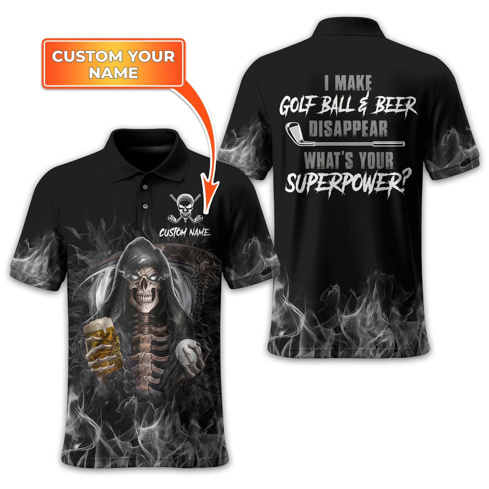 I Make Golf Ball And Beer Disappear Custom Golf Polo Shirt, Skull Golf Shirt, Gift For Golfers