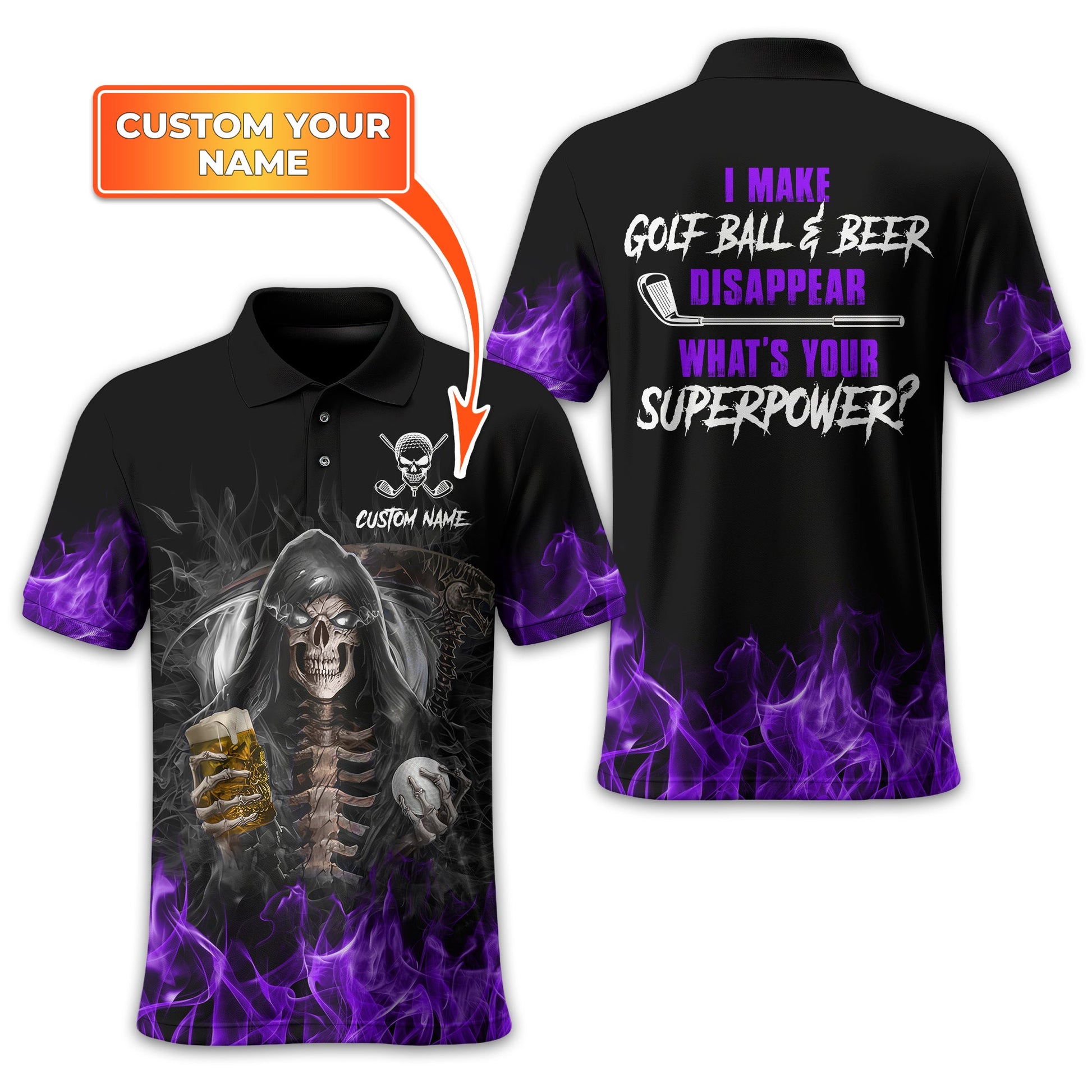 I Make Golf Ball And Beer Disappear Custom Golf Polo Shirt, Skull Golf Shirt, Gift For Golfers