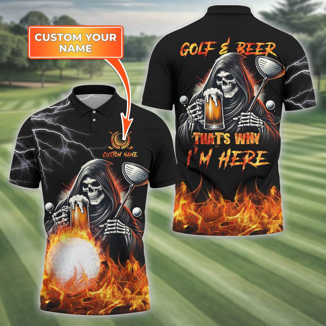 Golf And Beer That's Why I'm Here Custom Skull Golf Polo Shirt, Gift For Golfers, Golf Gift For Men
