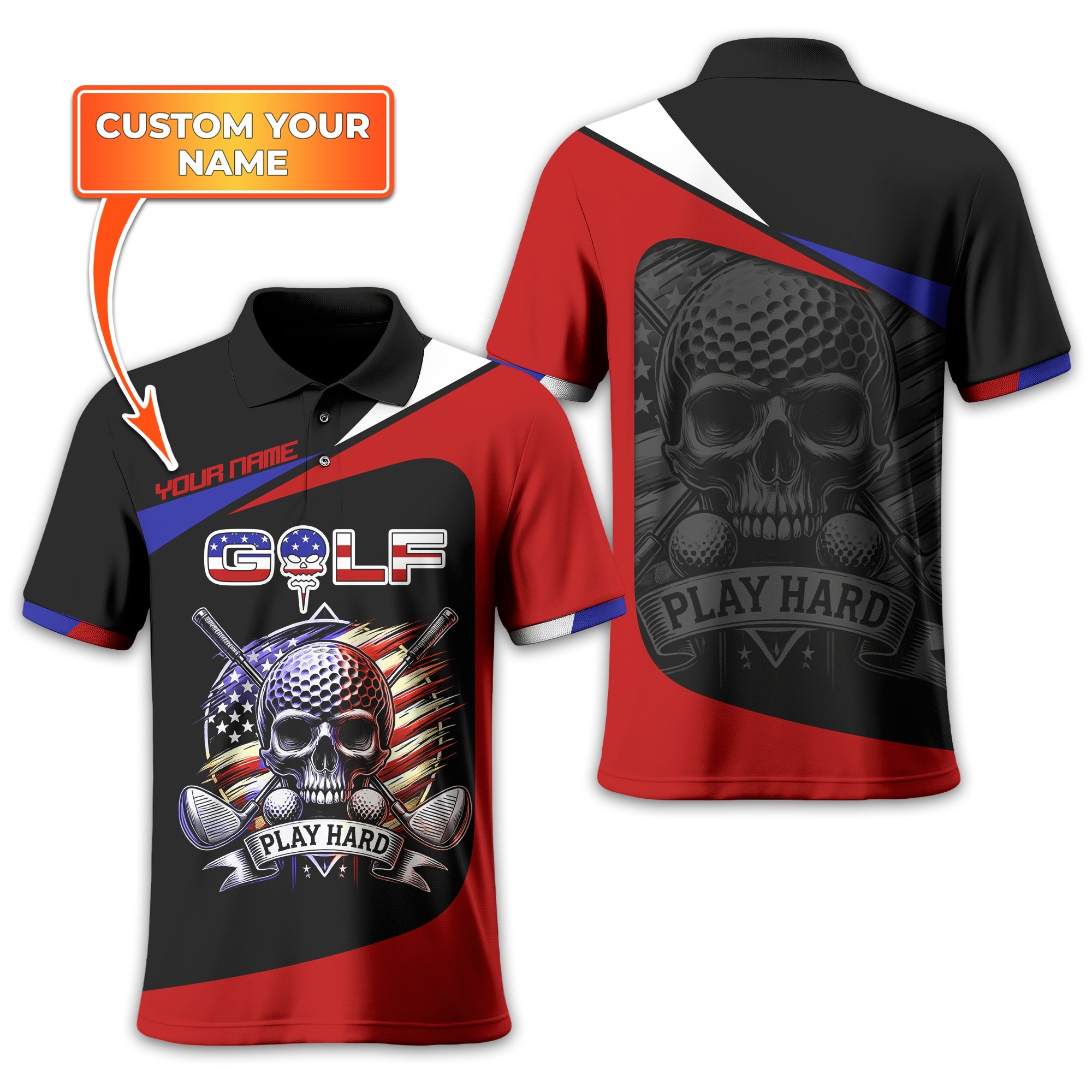 Skull And Flag Golf Shirt For Men, Personalized Golf Shirt, Patriotic Golf Shirt, Gift For Golfers