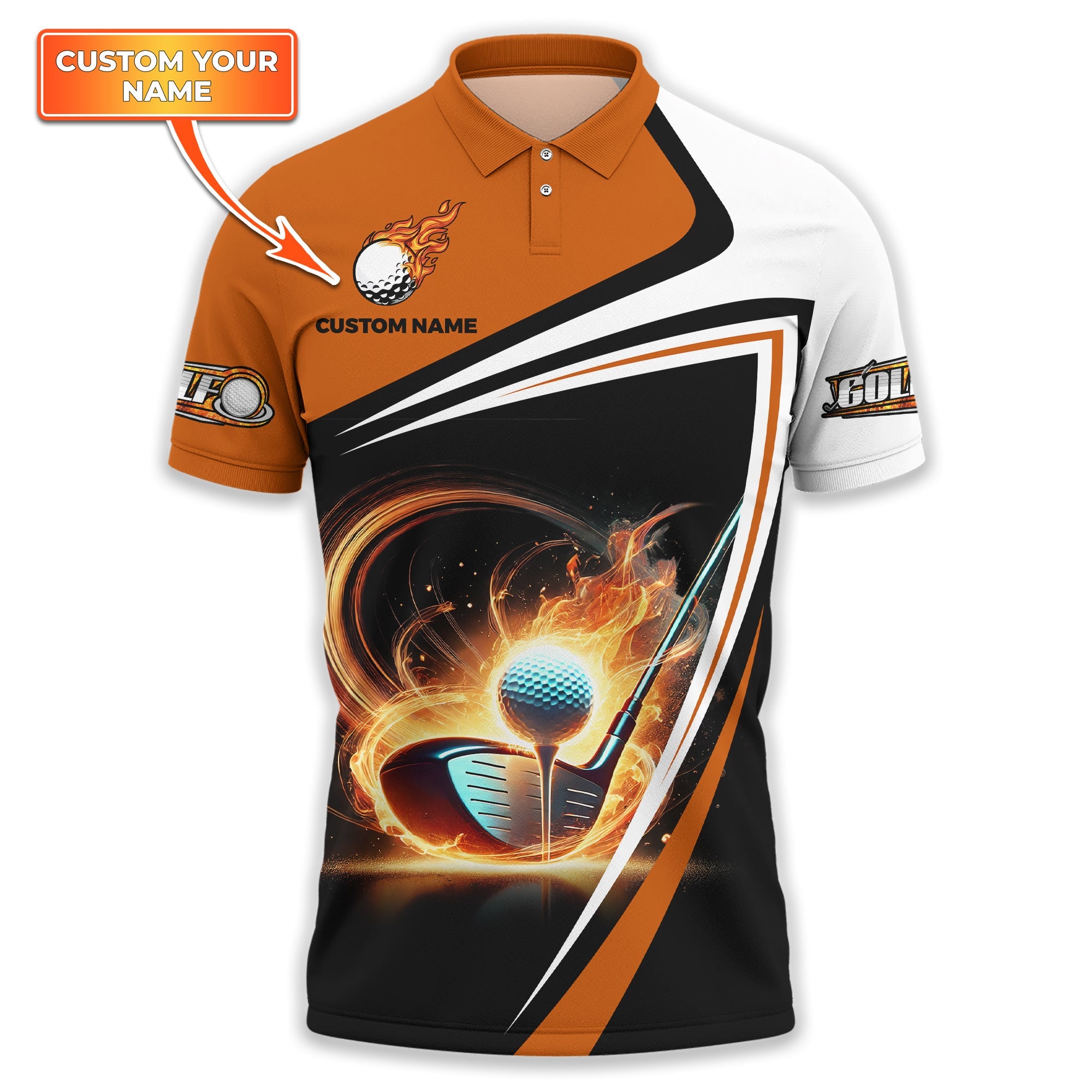 Golf Ball Fire Custom Name Men's Golf Polo Shirt, Golfing Apparel, Gift For Golfer