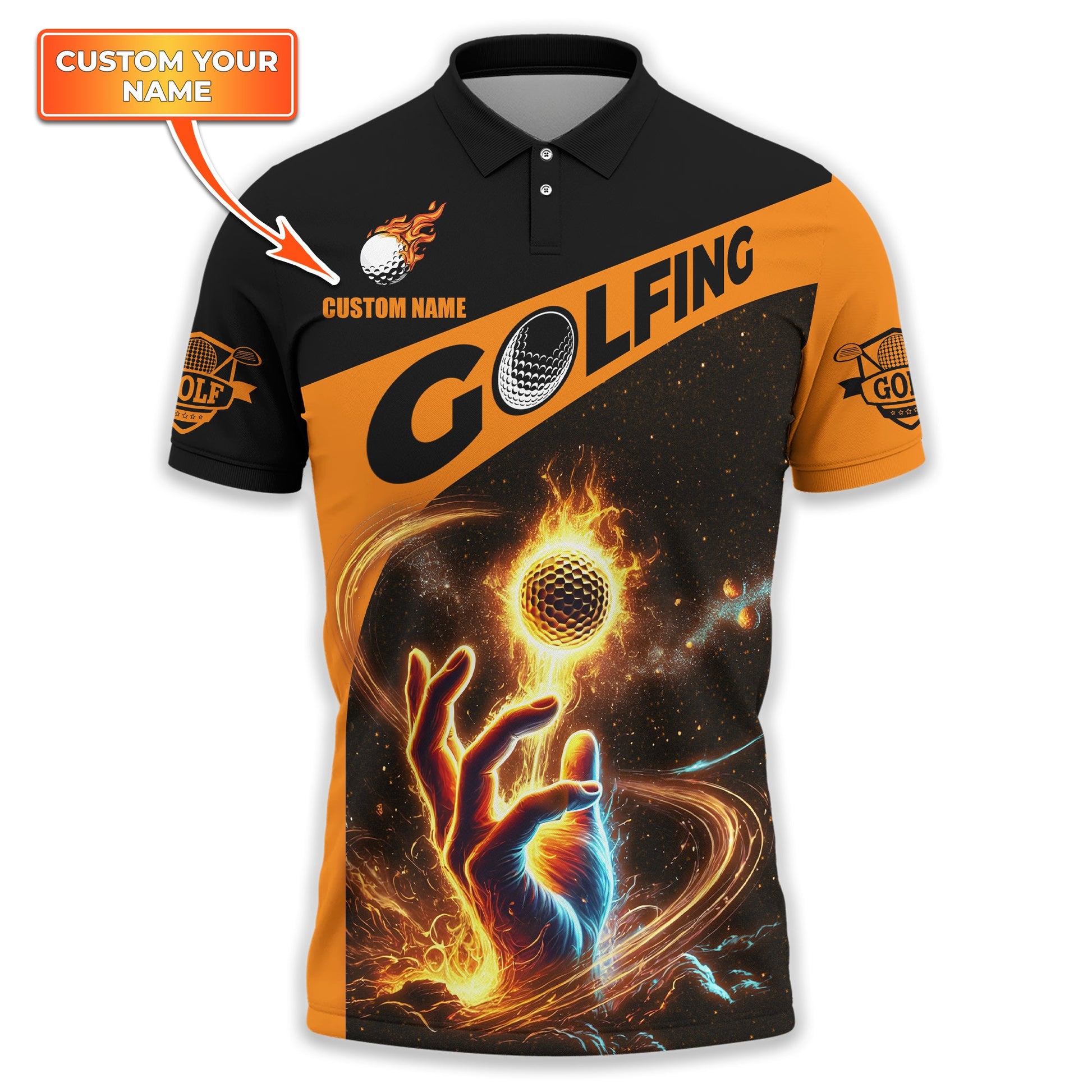 Fire Golf Ball Custom Men's Golf Polo Shirt, Golfing Apparel, Mens Golf Gift, Funny Golf Polo Shirts