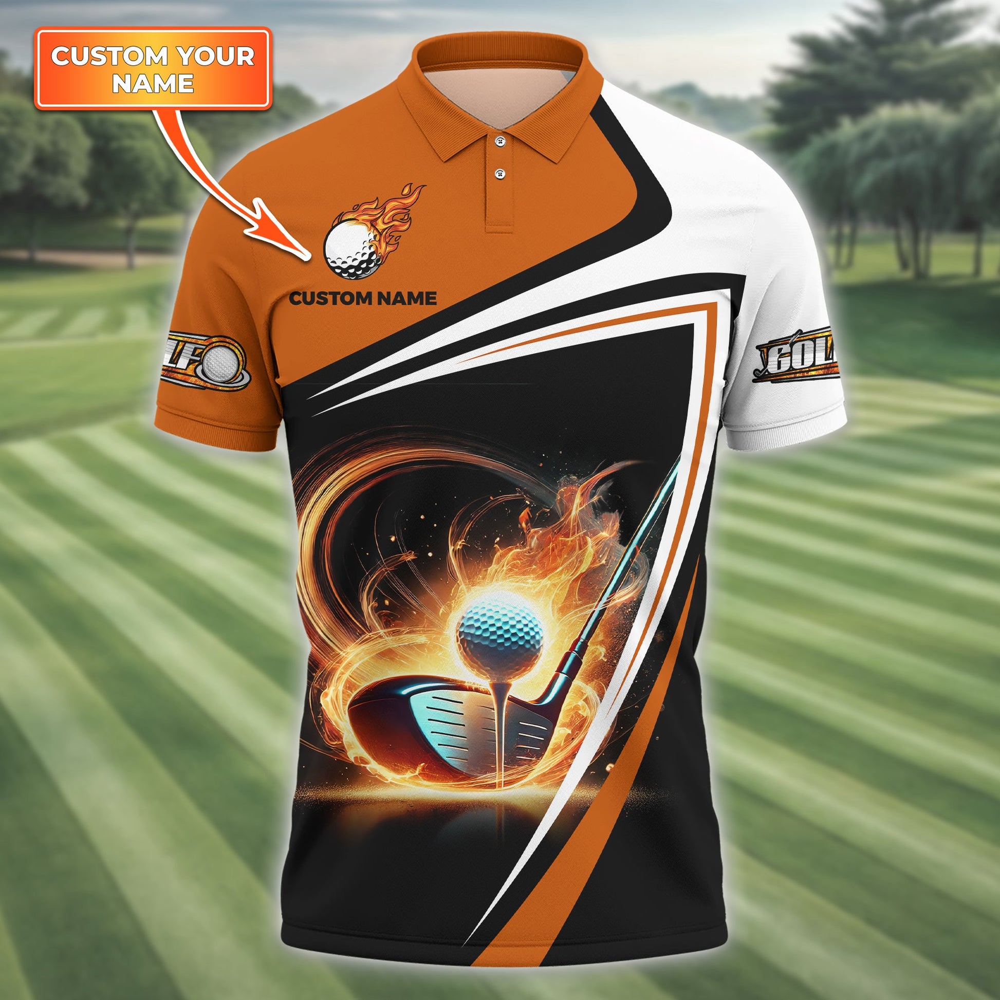 Golf Ball Fire Custom Name Men's Golf Polo Shirt, Golfing Apparel, Gift For Golfer