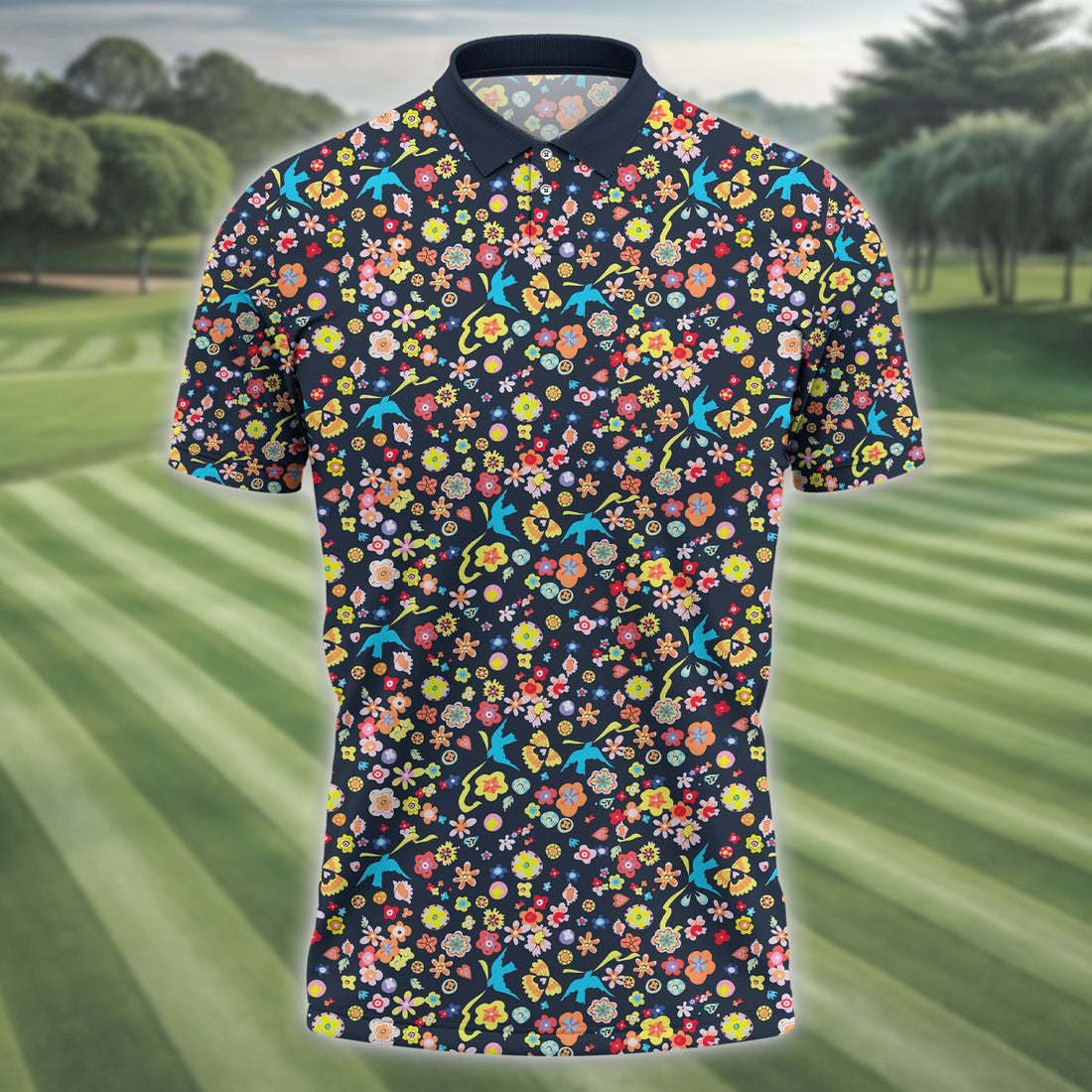 Floral Swallows Men's Golf Polo Shirt, Golfing Apparel, Gift For Golfers