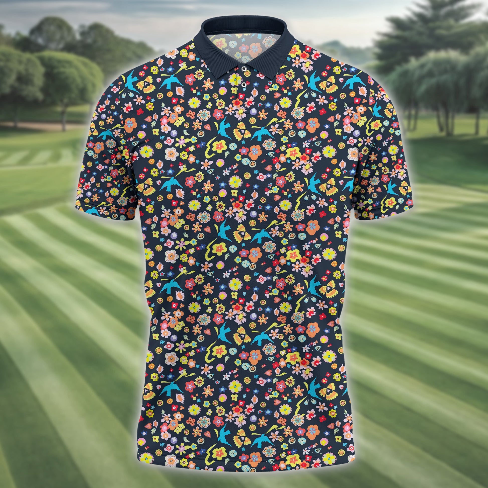 Floral Swallows Men's Golf Polo Shirt, Golfing Apparel, Gift For Golfers