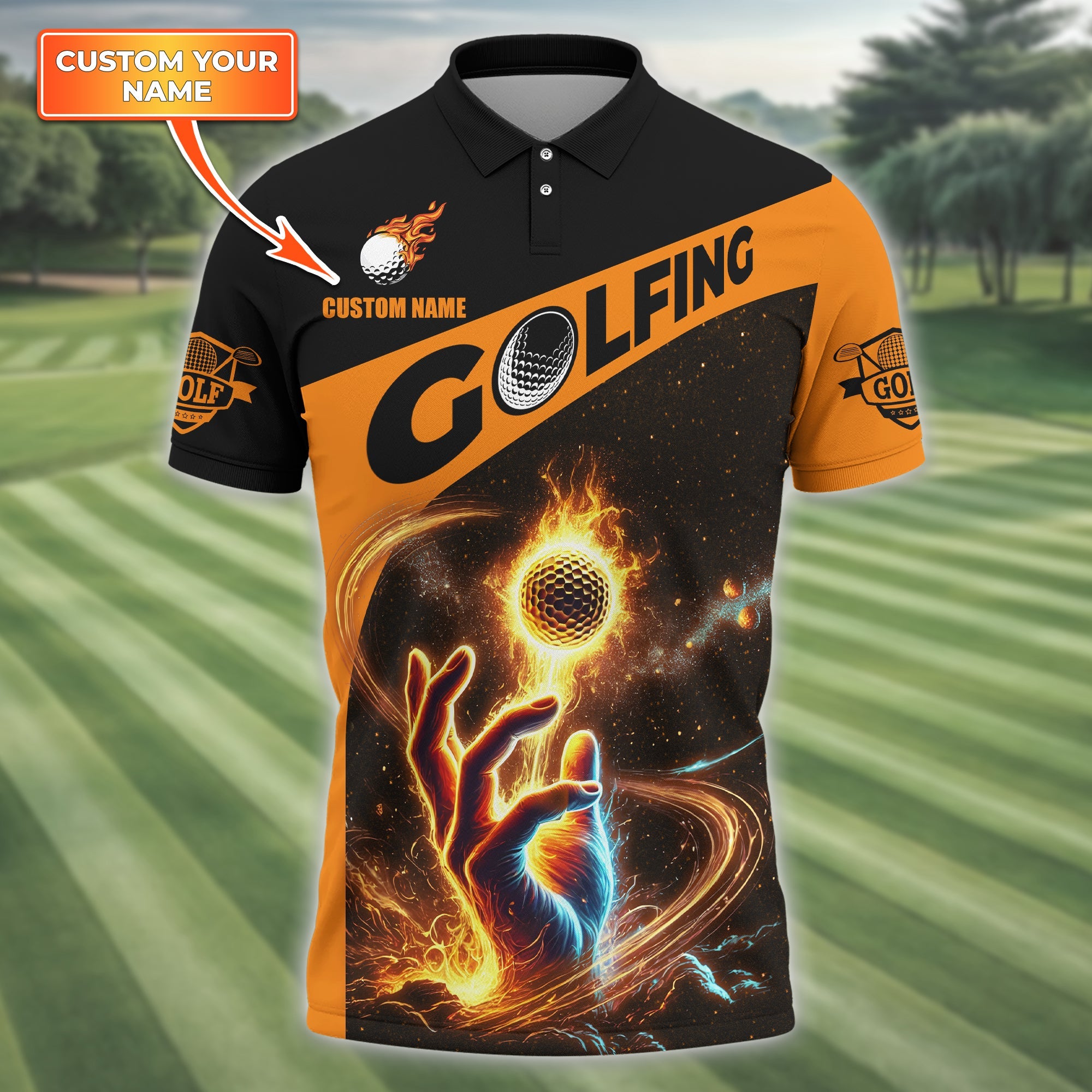 Fire Golf Ball Custom Men's Golf Polo Shirt, Golfing Apparel, Mens Golf Gift, Funny Golf Polo Shirts