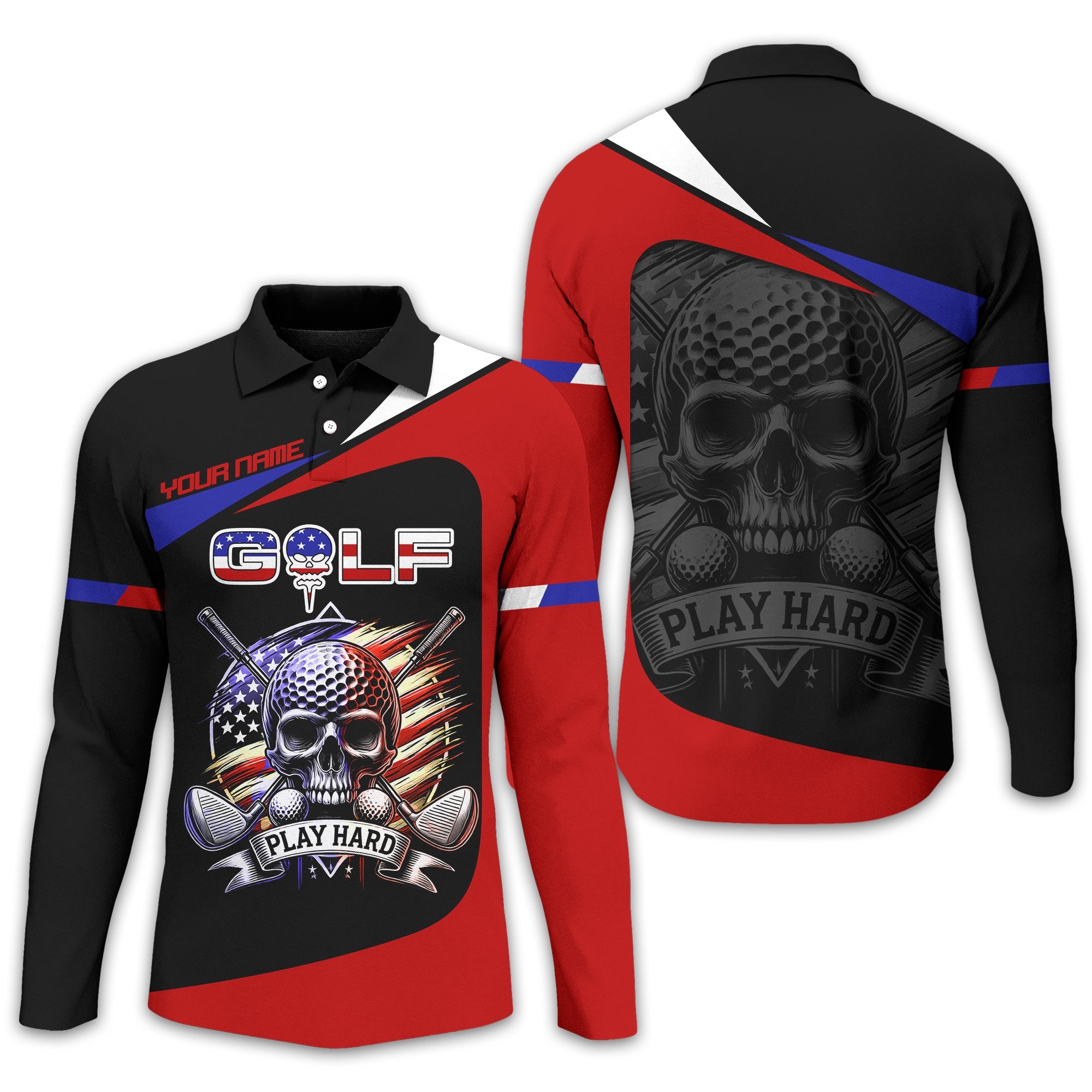 Skull And Flag Golf Shirt For Men, Personalized Golf Shirt, Patriotic Golf Shirt, Gift For Golfers