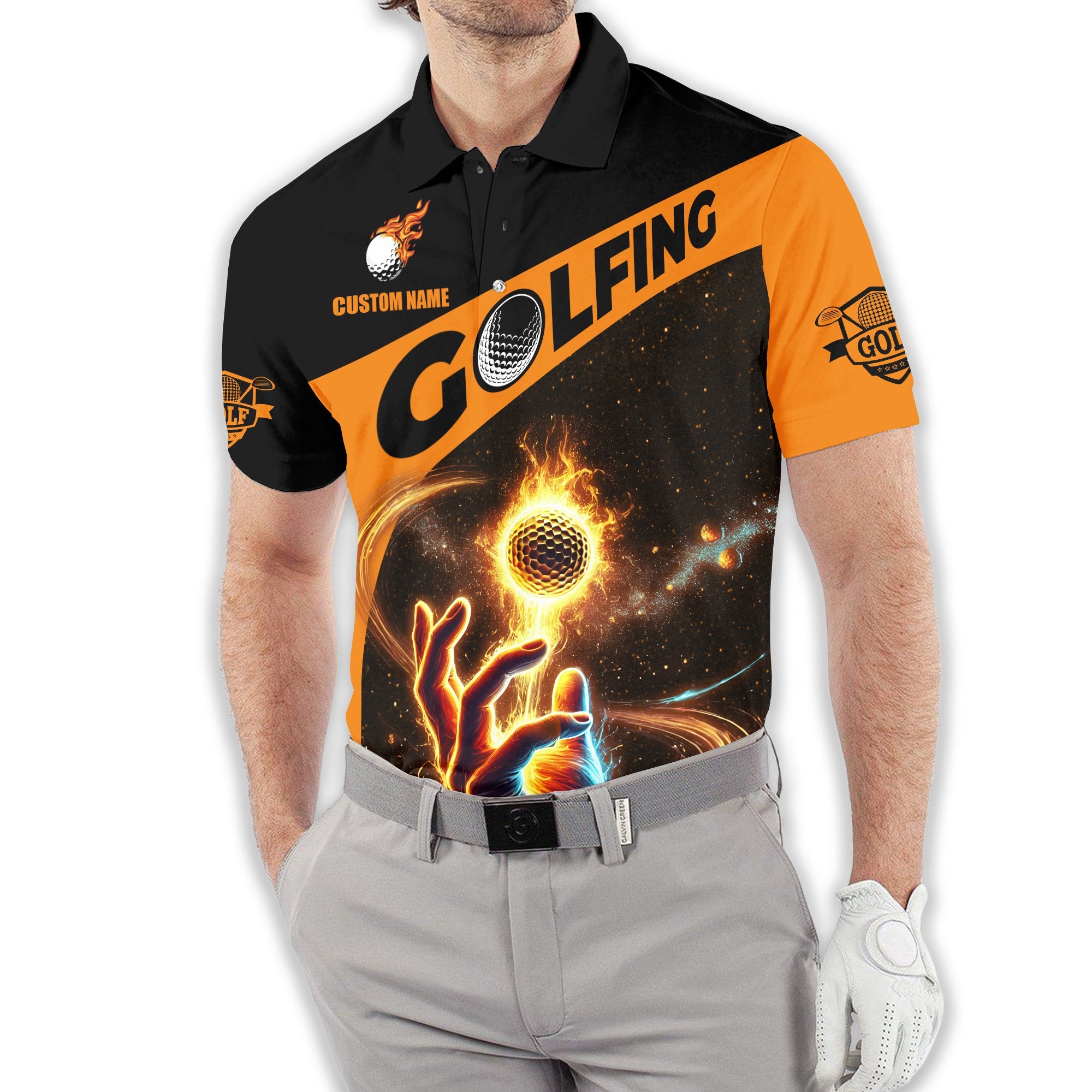 Fire Golf Ball Custom Men's Golf Polo Shirt, Golfing Apparel, Mens Golf Gift, Funny Golf Polo Shirts
