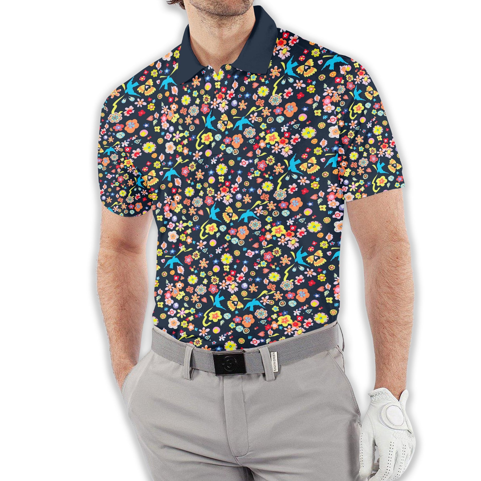 Floral Swallows Men's Golf Polo Shirt, Golfing Apparel, Gift For Golfers